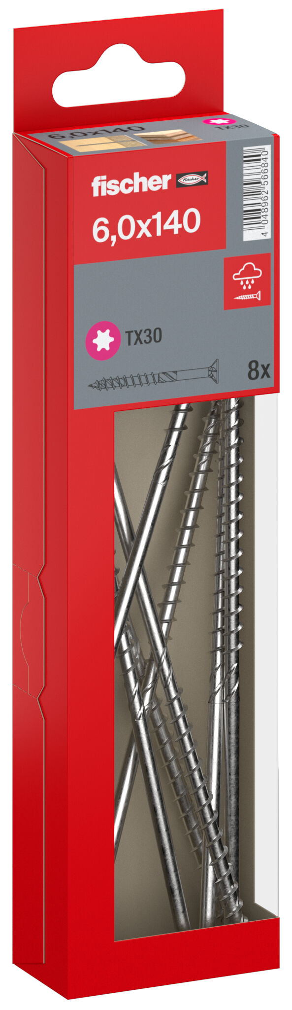 Packaging: "fischer chipboard screw PowerFast FPF II CTP 6.0 x 140 A2 8, countersunk head, TX drive, part thread, stainless steel A2"