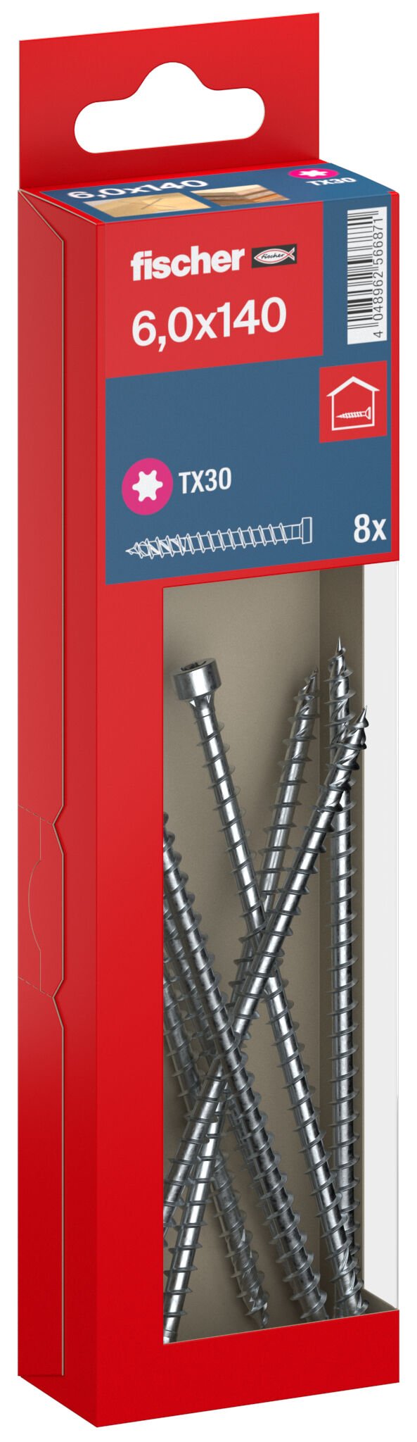 Packaging: "fischer full thread screw PowerFast FPF II CHTF 6.0 x 140 BC 8, cylinder head, TX drive, full thread, blue passivated"