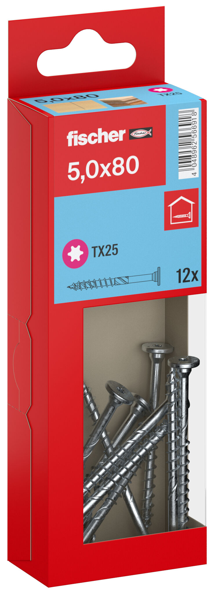 Packaging: "fischer chipboard screw PowerFast FPF II ST25P 5.0 x 80 BC 12, stepcountersunkhead, TX drive, part thread, blue passivated"