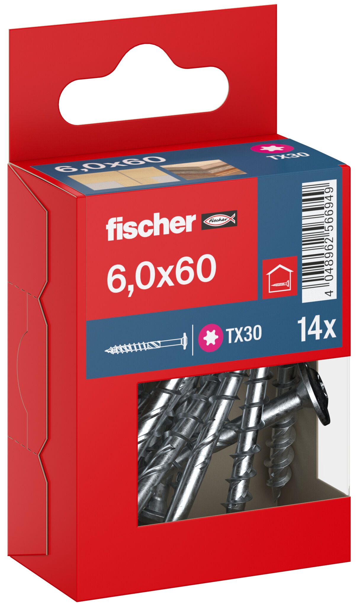 Packaging: "fischer chipboard screw PowerFast FPF II WTP 6.0 x 60 BC 14, flange head, TX drive, part thread, blue passivated"