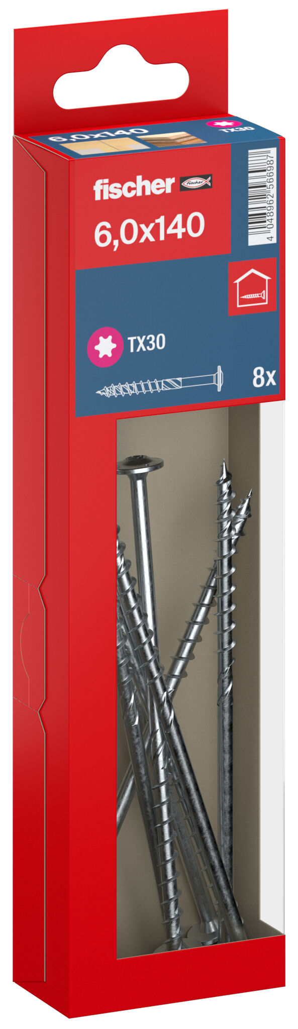 Packaging: "fischer chipboard screw PowerFast FPF II WTP 6.0 x 140 BC 8, flange head, TX drive, part thread, blue passivated"