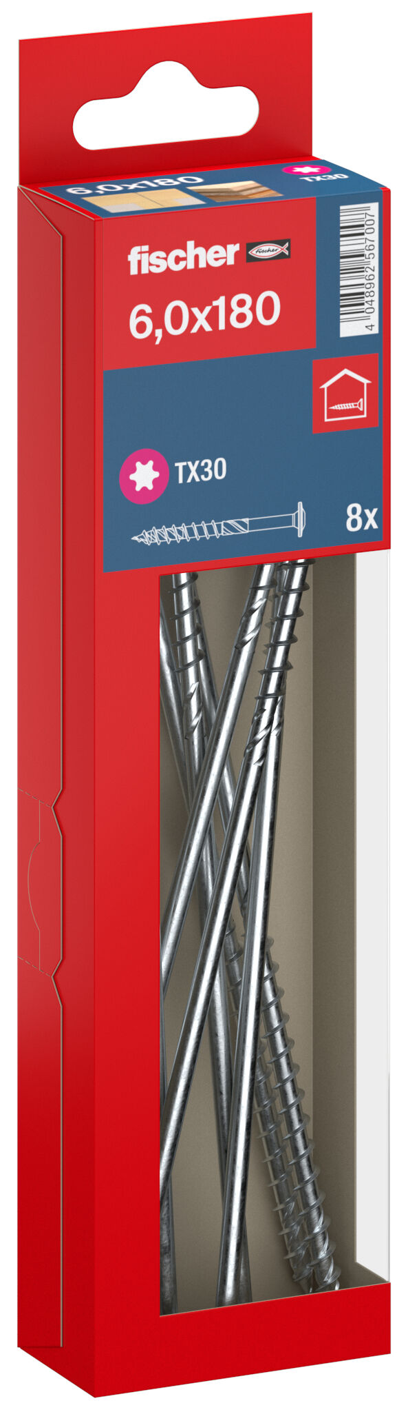 Packaging: "fischer chipboard screw PowerFast FPF II WTP 6.0 x 180 BC 8, flange head, TX drive, part thread, blue passivated"