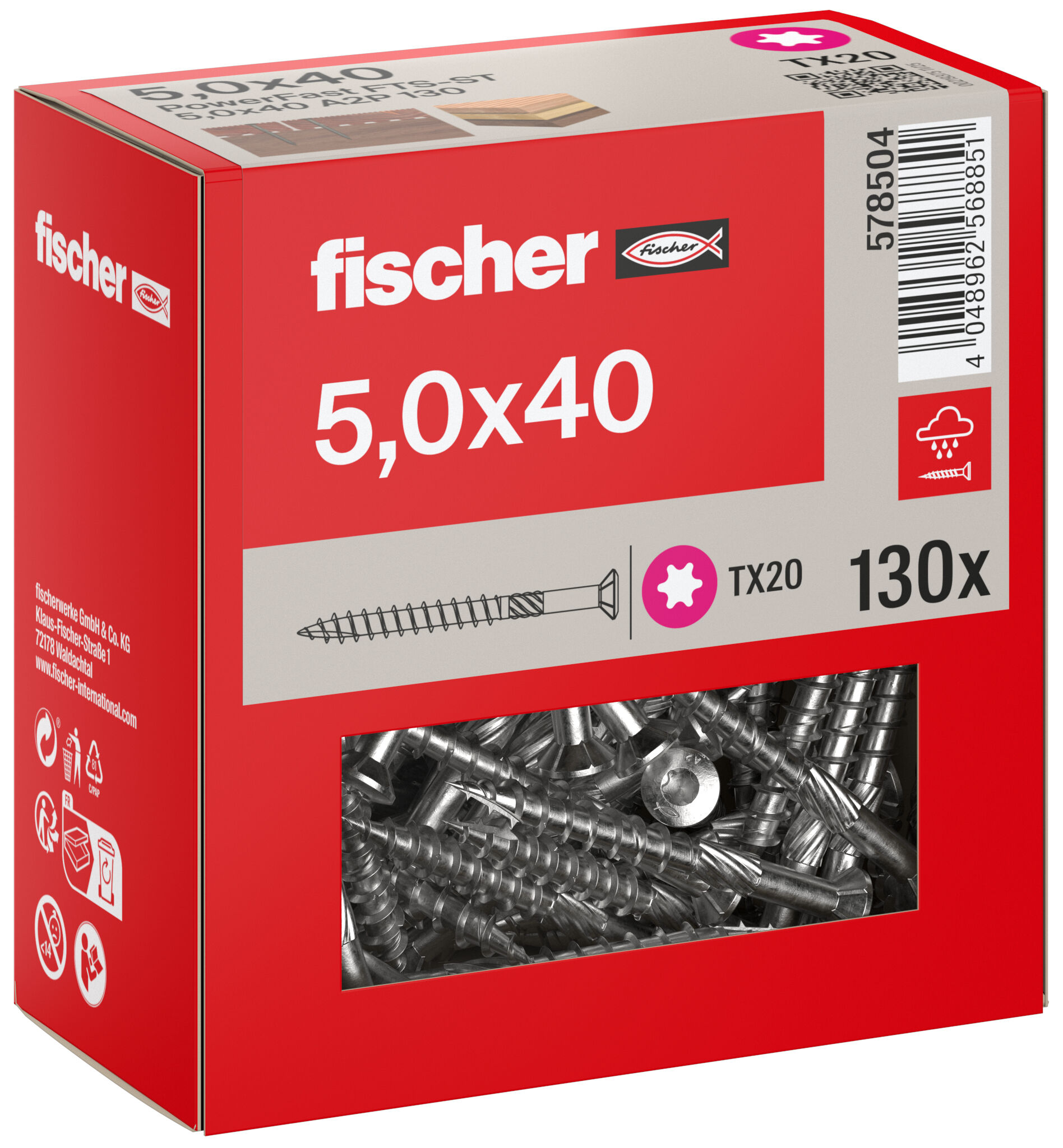 Packaging: "fischer terrace screw FTS-ST 5.0 x 40 130, countersunk head, TX drive rive, part thread, stainless steel A2"