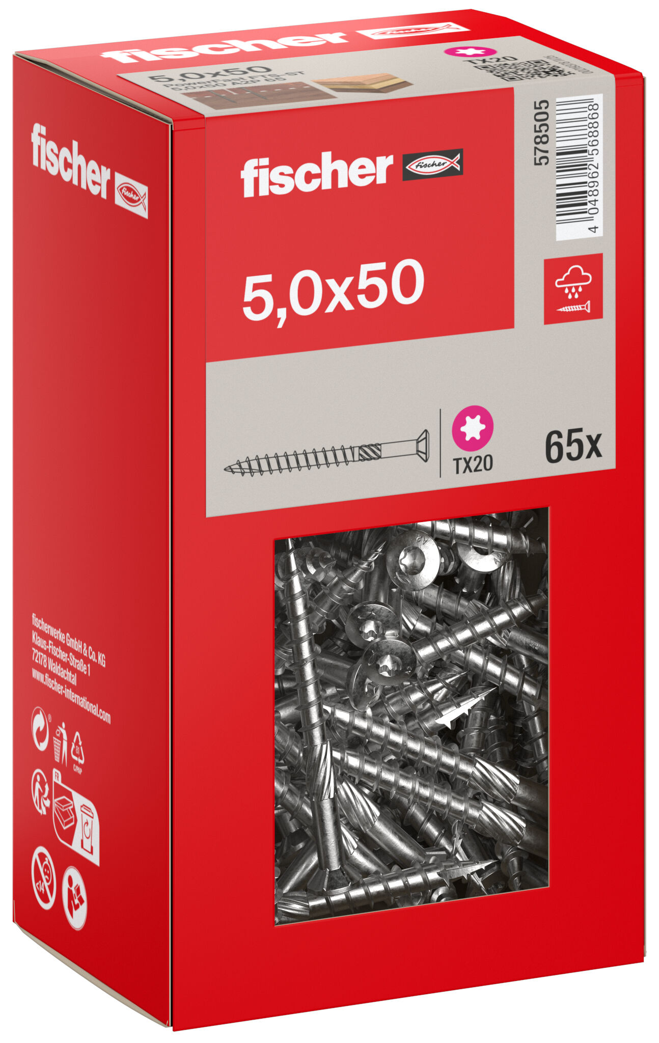 Packaging: "fischer terrace screw FTS-ST 5.0 x 50 65, countersunk head, TX drive rive, part thread, stainless steel A2"