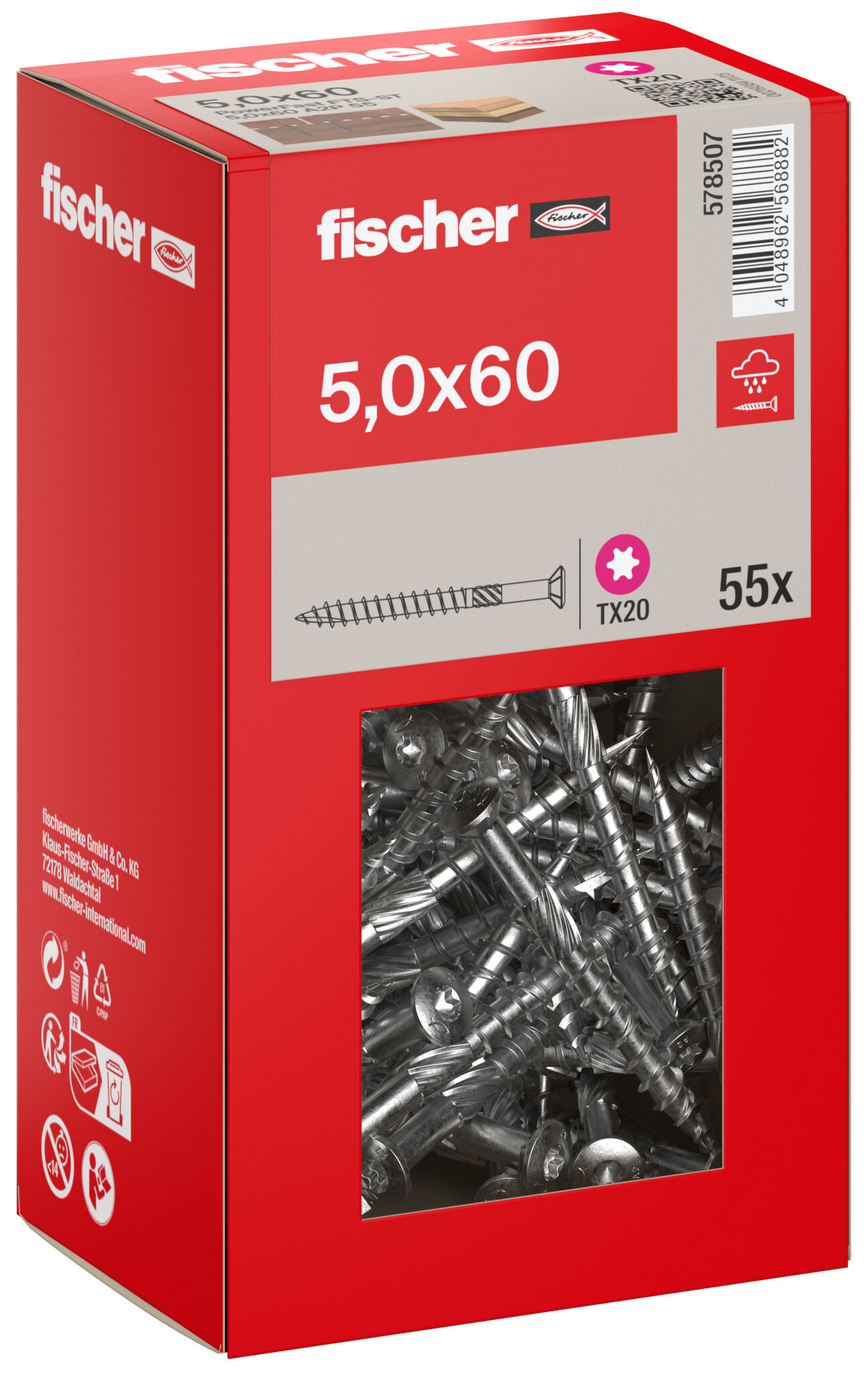 Packaging: "fischer terrace screw FTS-ST 5.0 x 60 55, countersunk head, TX drive rive, part thread, stainless steel A2"