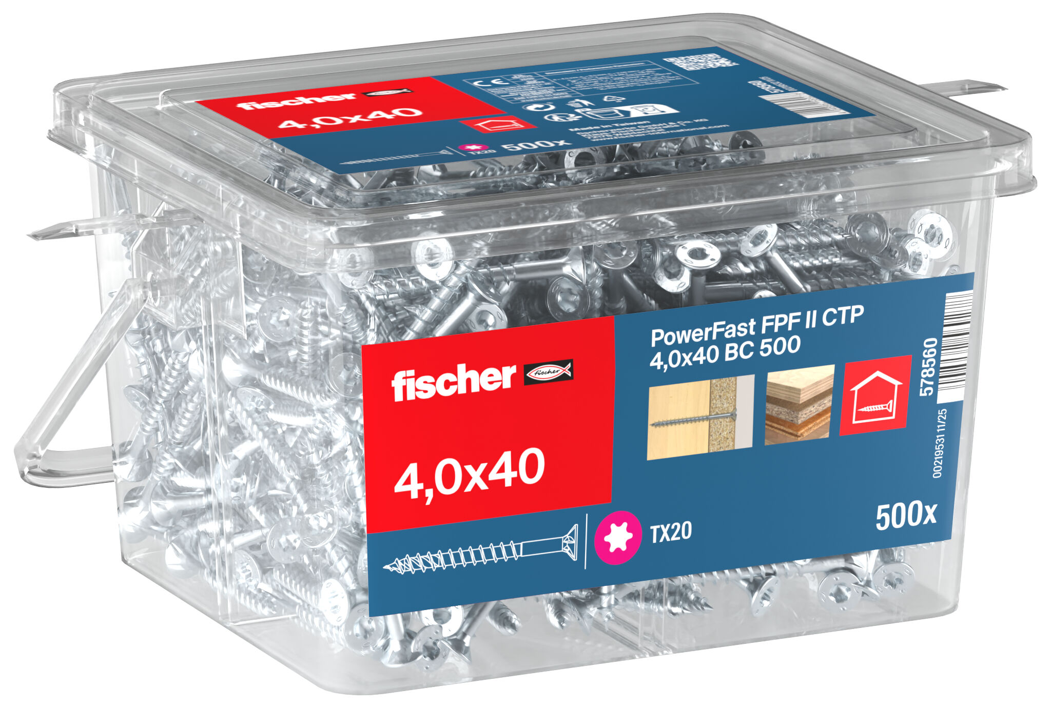Packaging: "fischer chipboard screw PowerFast FPF II CTP 4.0 x 40 BC 500, countersunk head, TX drive, part thread, blue passivated"