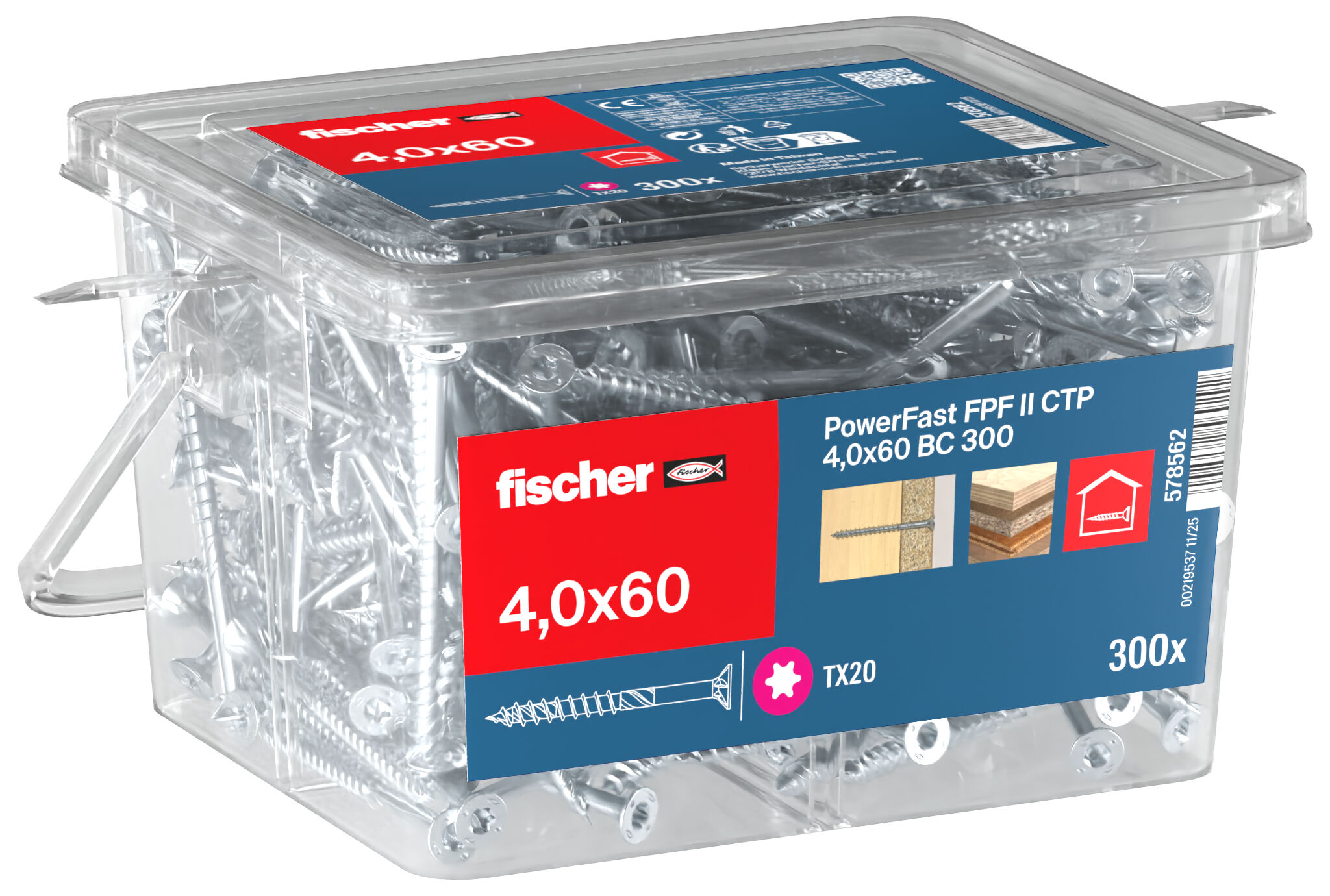 Packaging: "fischer chipboard screw PowerFast FPF II CTP 4.0 x 60 BC 300, countersunk head, TX drive, part thread, blue passivated"