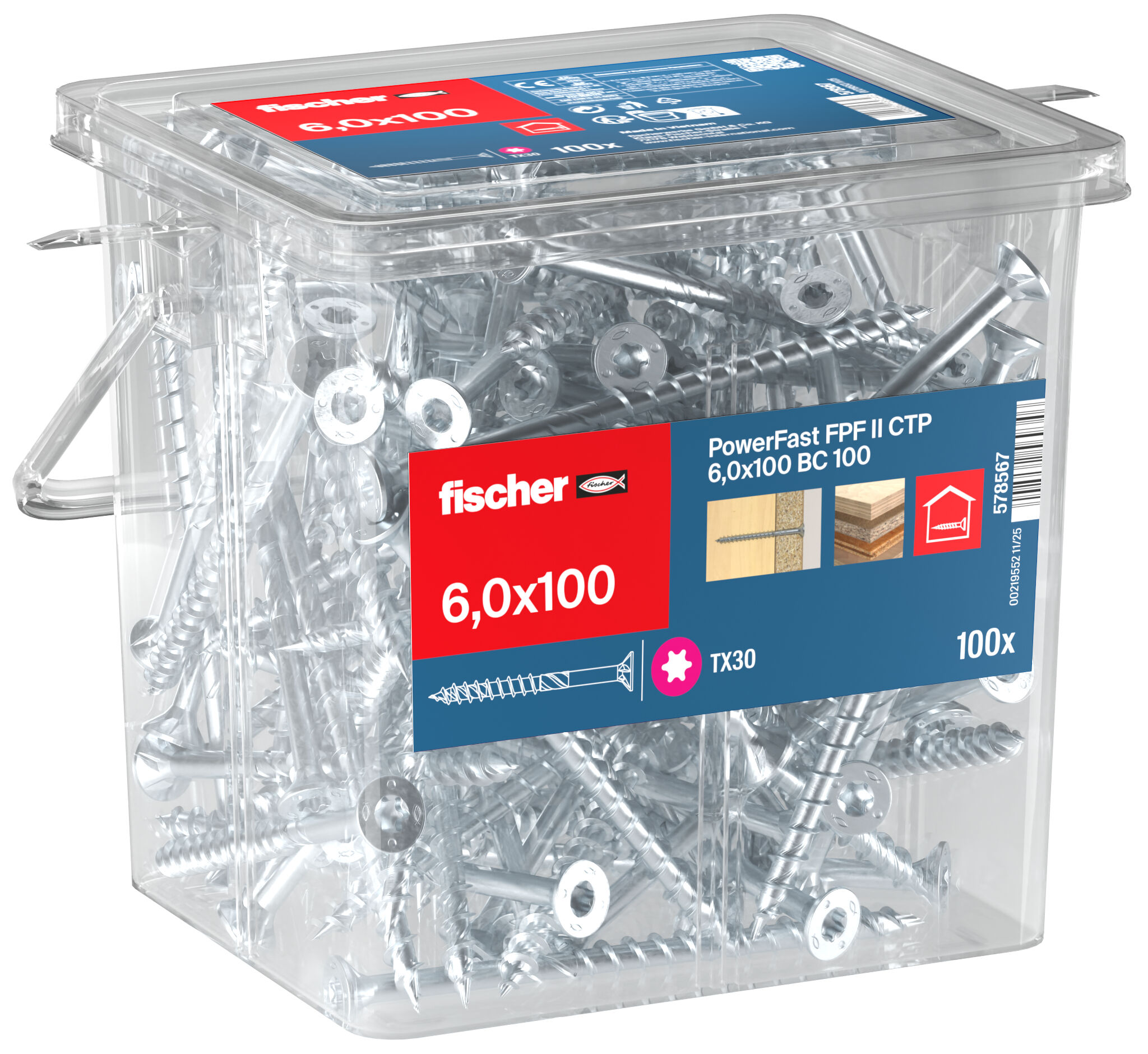 Packaging: "fischer chipboard screw PowerFast FPF II CTP 6.0 x 100 BC 100, countersunk head, TX drive, part thread, blue passivated"