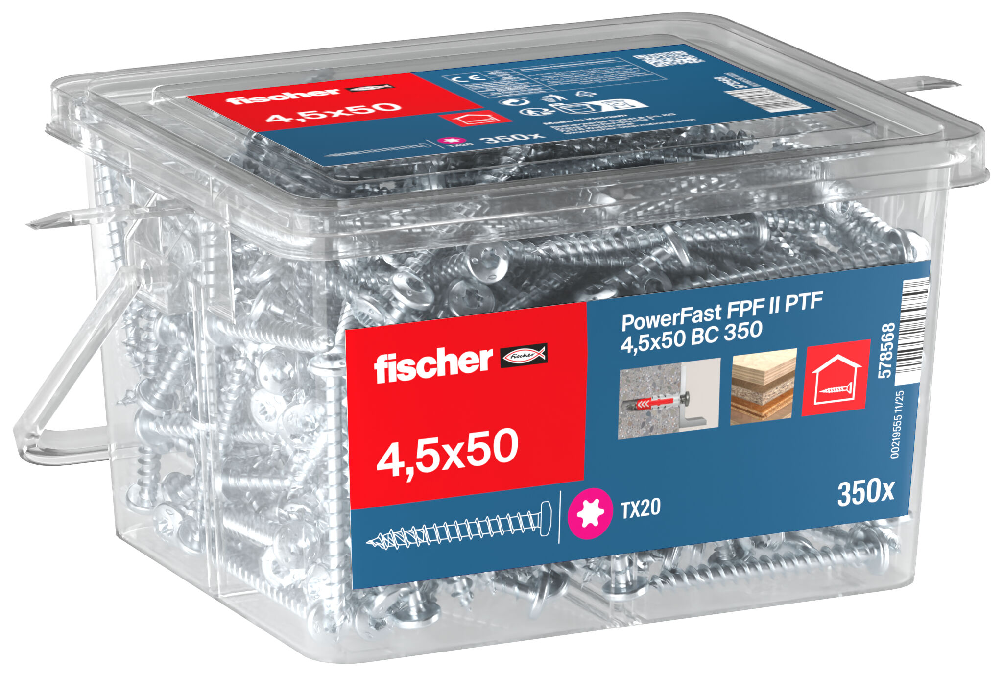 Packaging: "fischer chipboard screw PowerFast FPF II PTF 4.5 x 50 BC 350, pan head, TX drive, full thread, blue passivated"