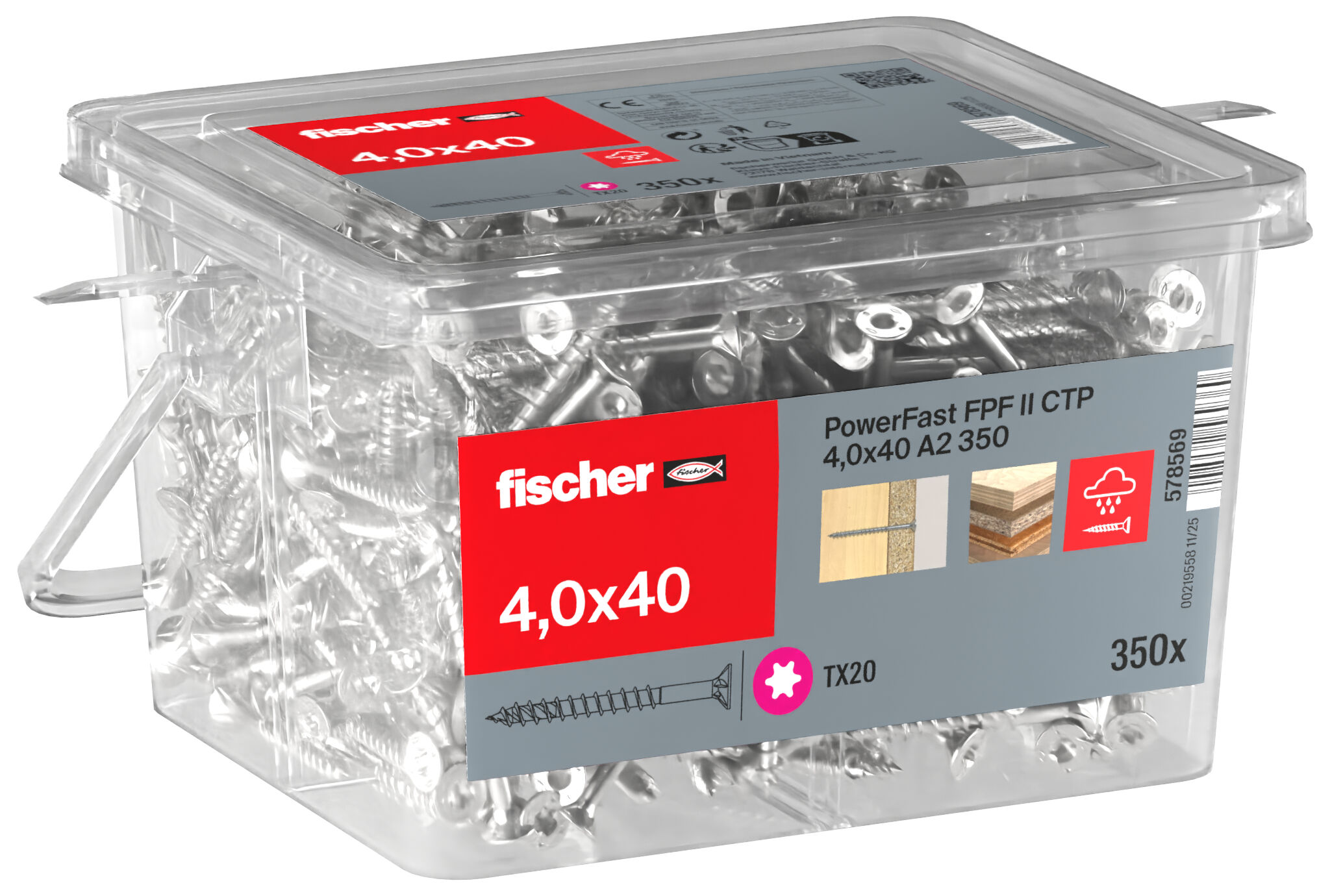 Packaging: "fischer chipboard screw PowerFast FPF II CTP 4.0 x 40 A2 350, countersunk head, TX drive, part thread, stainless steel A2"