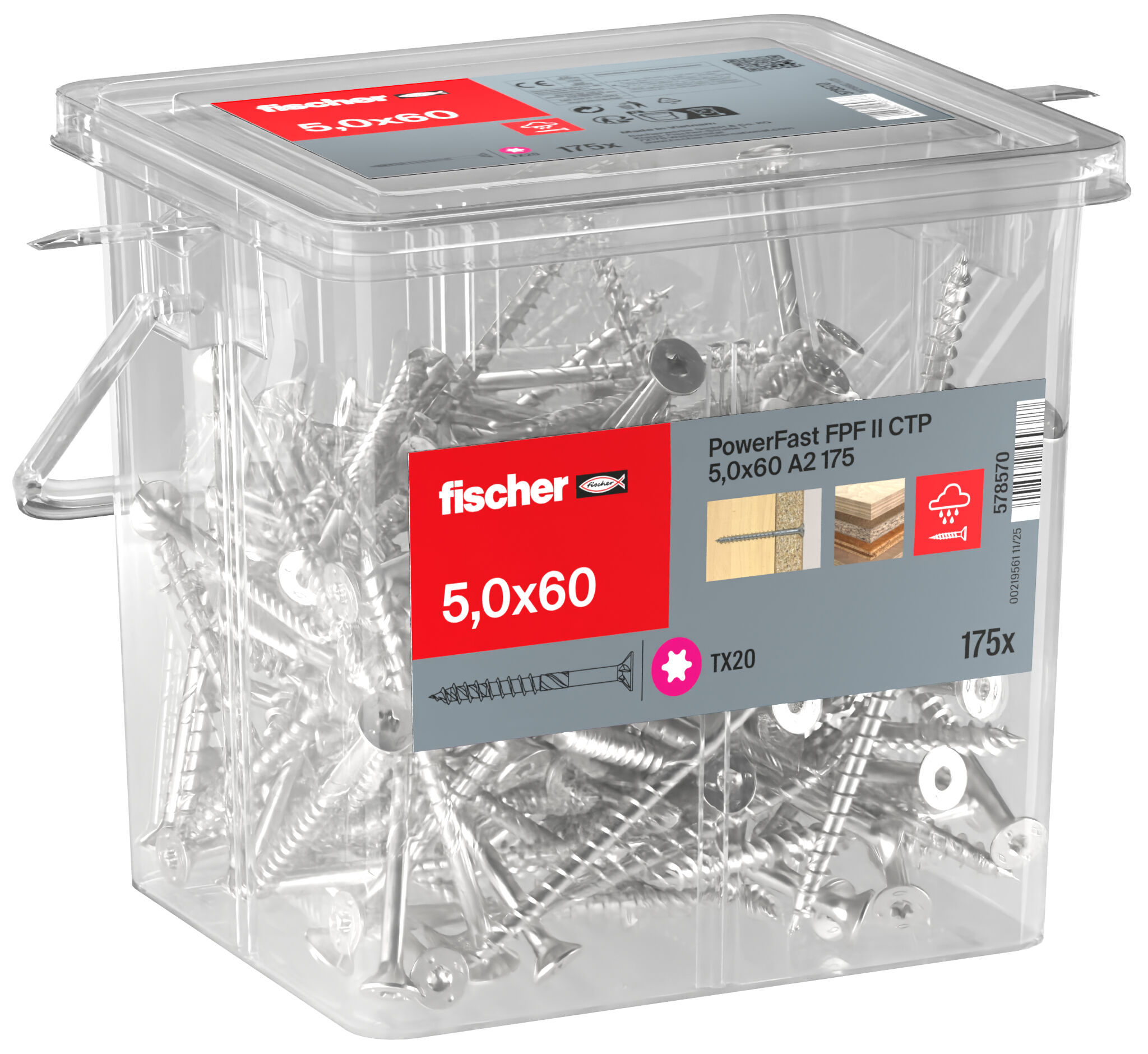 Packaging: "fischer chipboard screw PowerFast FPF II CTP 5.0 x 60 A2 175, countersunk head, TX drive, part thread, stainless steel A2"