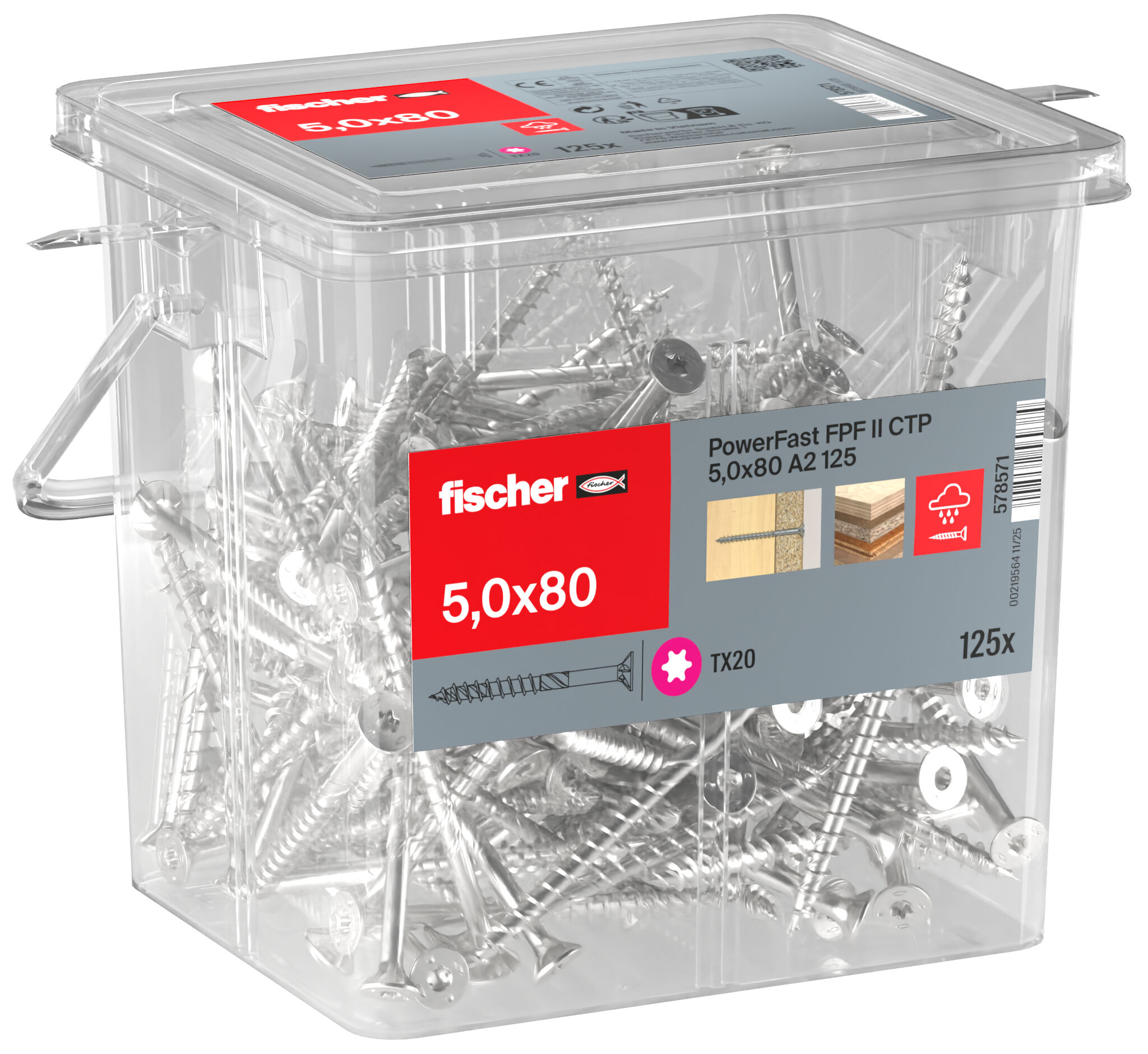 Packaging: "fischer chipboard screw PowerFast FPF II CTP 5.0 x 80 A2 125, countersunk head, TX drive, part thread, stainless steel A2"