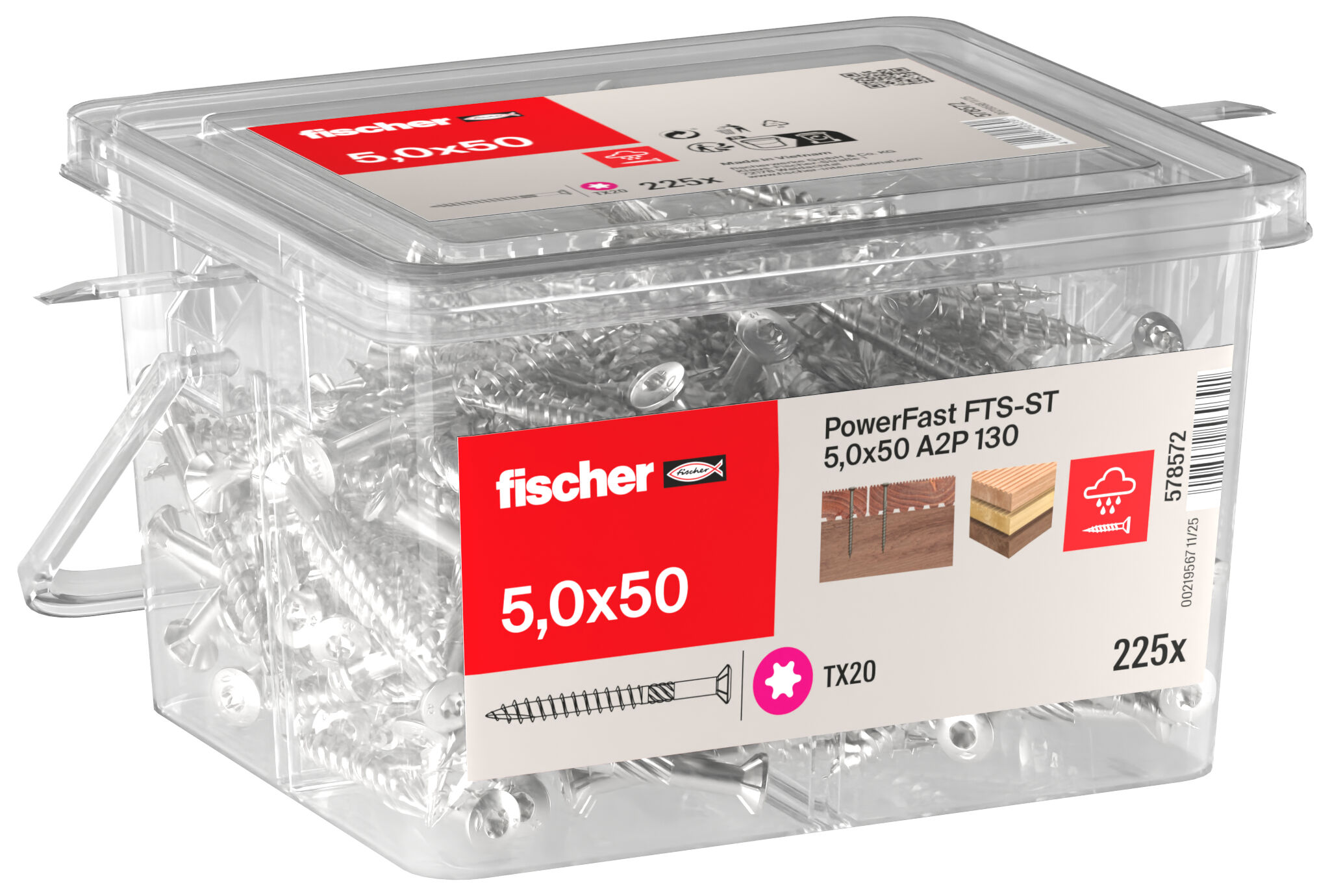 Packaging: "fischer terrace screw FTS-ST 5.0 x 50 130, countersunk head, TX drive rive, part thread, stainless steel A2"