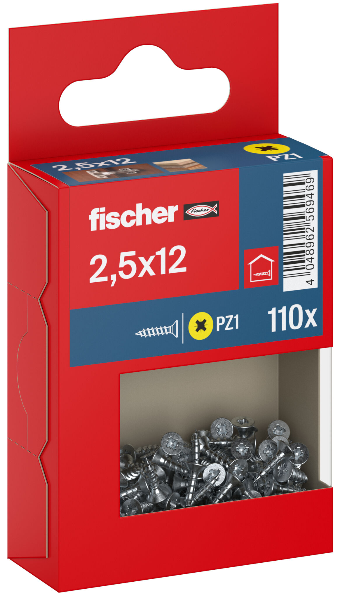Packaging: "fischer chipboard screw PowerFast FPF II CZF 2.5 x 12 BC 110, countersunk head, cross drive PZ, full thread, blue passivated"