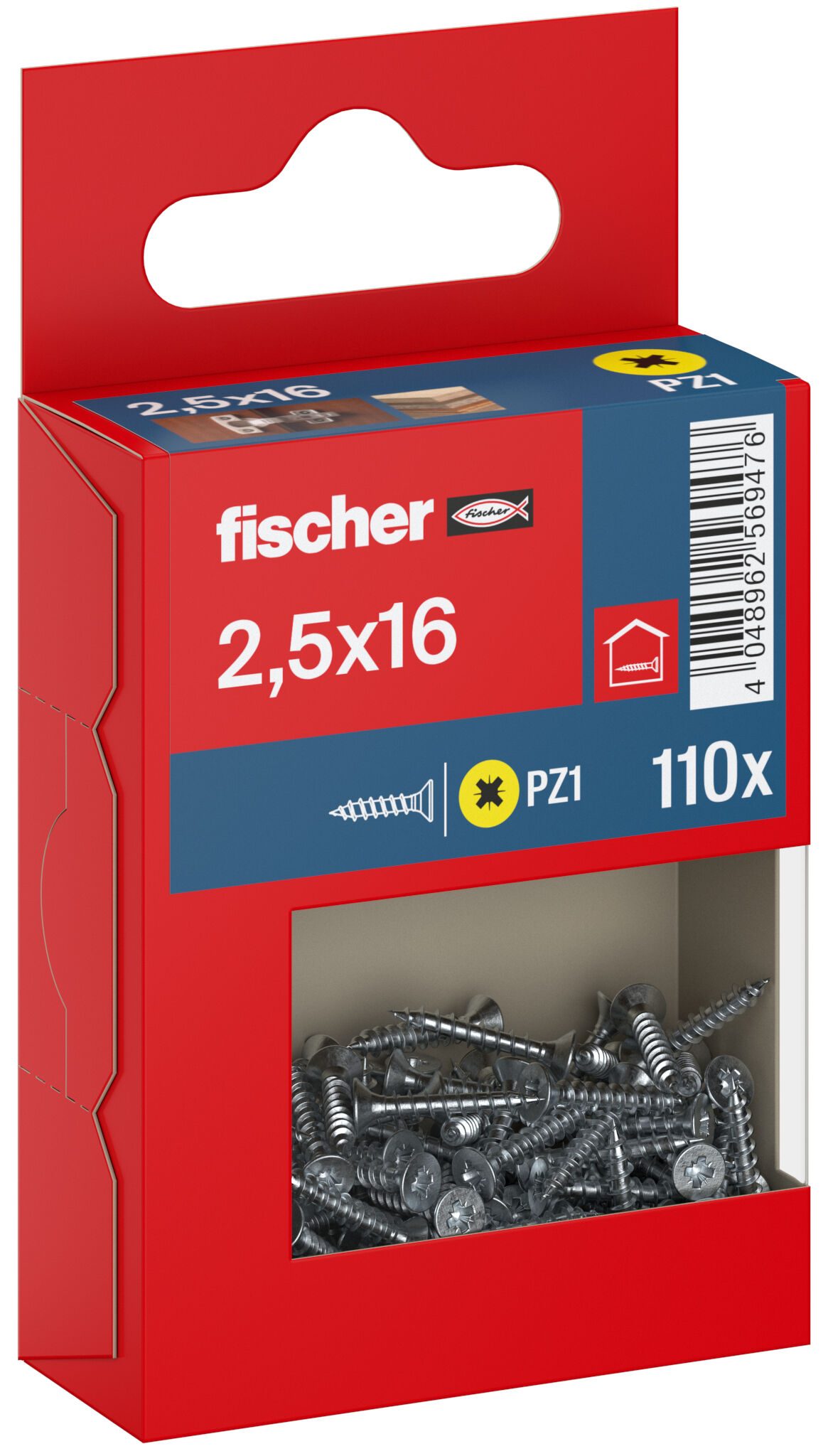 Packaging: "fischer chipboard screw PowerFast FPF II CZF 2.5 x 16 BC 110, countersunk head, cross drive PZ, full thread, blue passivated"