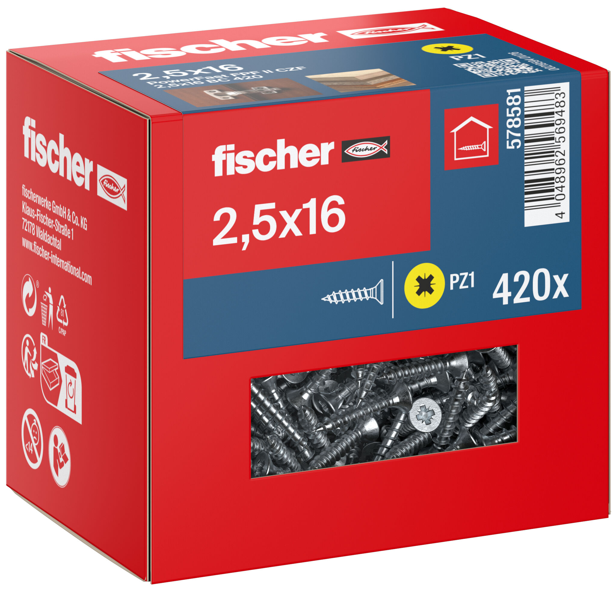 Packaging: "fischer chipboard screw PowerFast FPF II CZF 2.5 x 16 BC 420, countersunk head, cross drive PZ, full thread, blue passivated"