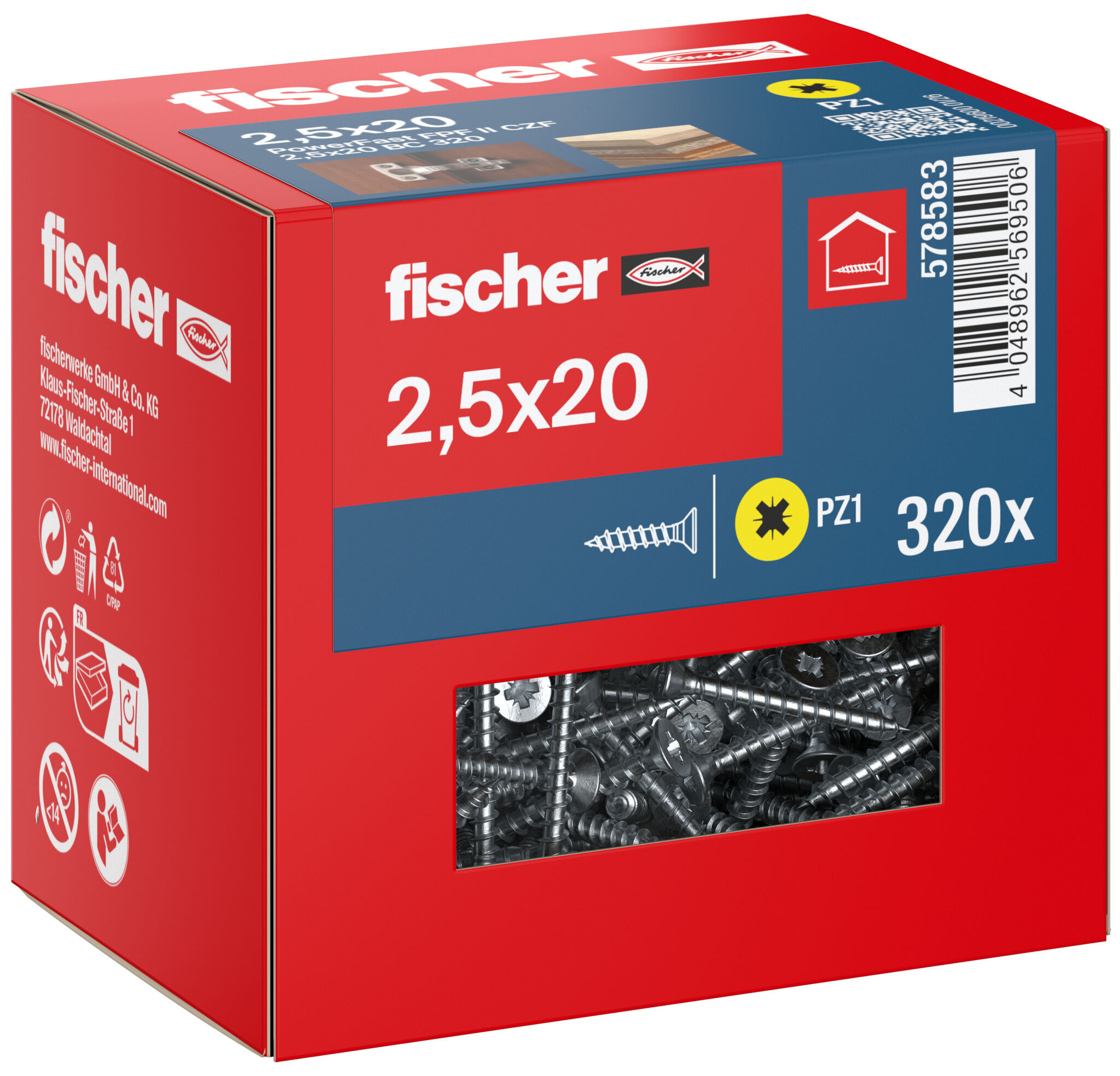 Packaging: "fischer chipboard screw PowerFast FPF II CZF 2.5 x 20 BC 320, countersunk head, cross drive PZ, full thread, blue passivated"