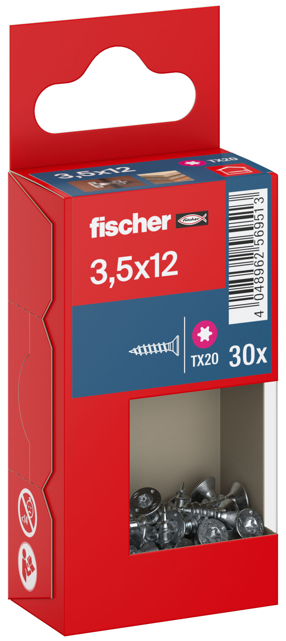 Packaging: "fischer chipboard screw PowerFast FPF II CTF 3.5 x 12 BC 30, countersunk head, TX drive, full thread, blue passivated"