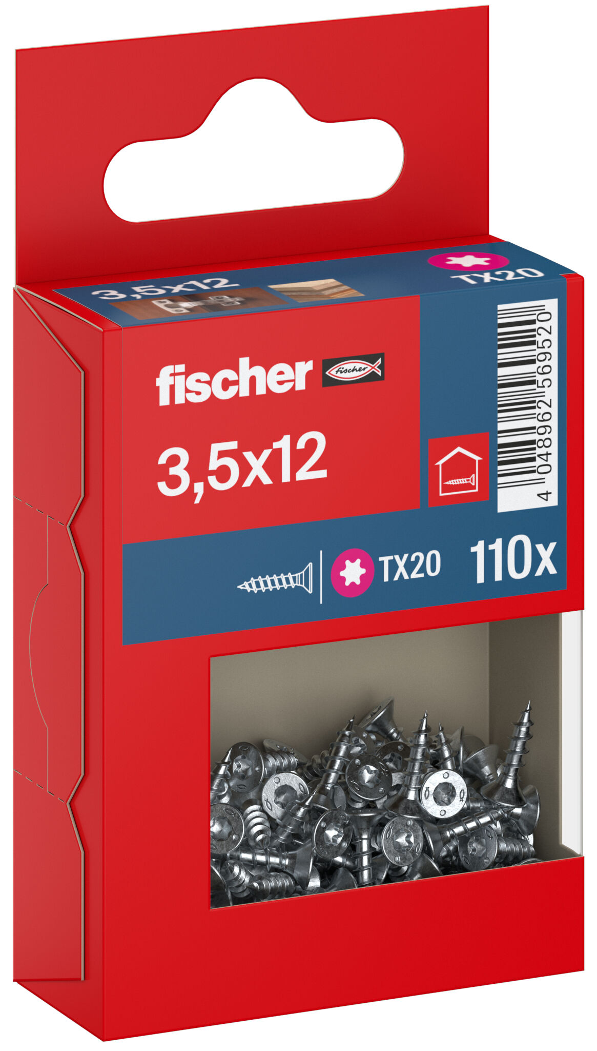 Packaging: "fischer chipboard screw PowerFast FPF II CTF 3.5 x 12 BC 110, countersunk head, TX drive, full thread, blue passivated"