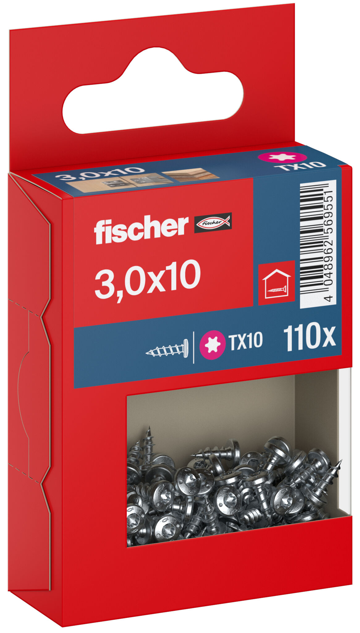 Packaging: "fischer chipboard screw PowerFast FPF II PTF 3.0 x 10 BC 110, pan head, TX drive, full thread, blue passivated"