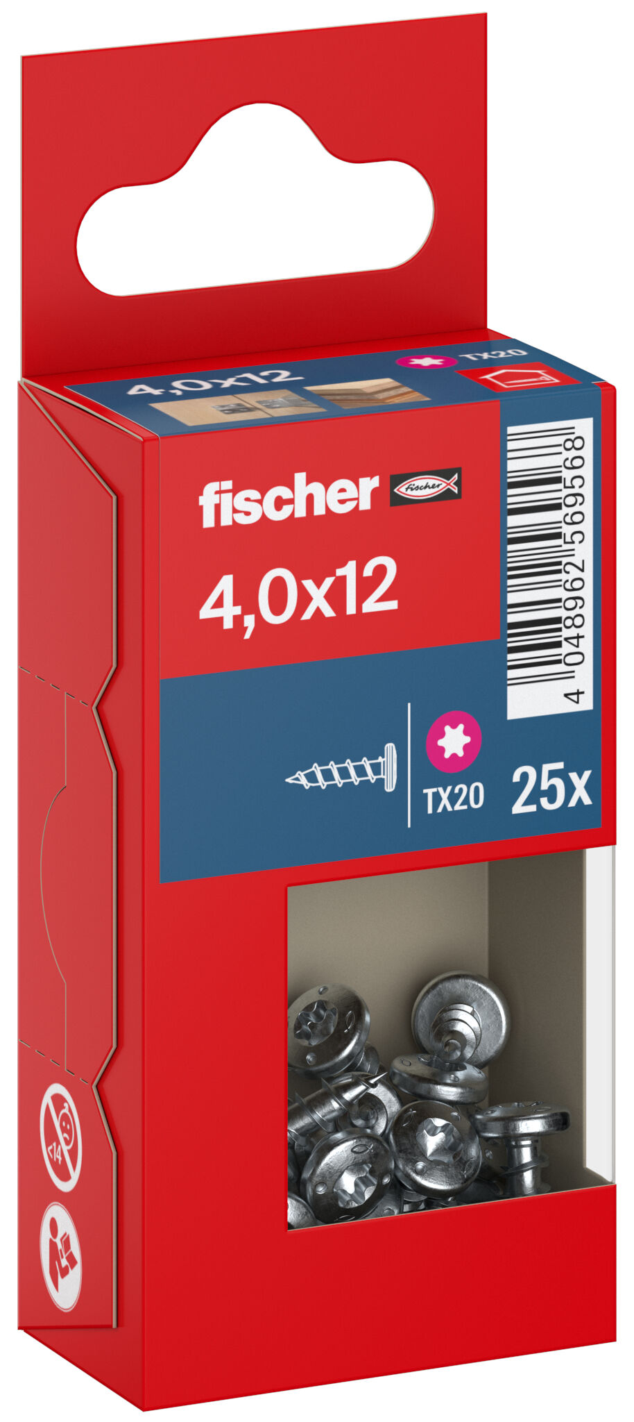 Packaging: "fischer chipboard screw PowerFast FPF II PTF 4.0 x 12 BC 25, pan head, TX drive, full thread, blue passivated"