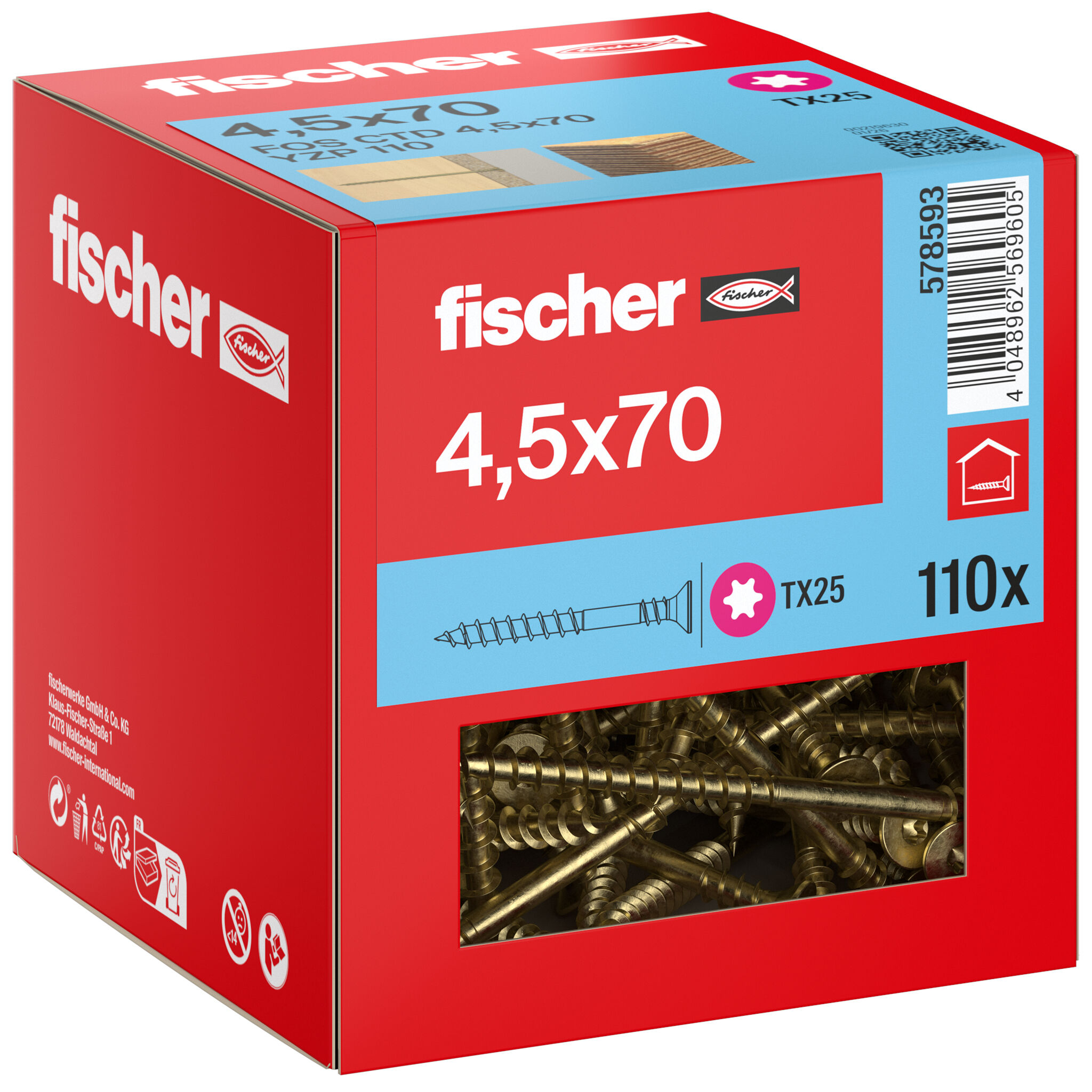 Packaging: "fischer OSB-board-screw FOS CTD 4.5 x 70 YZP 100, countersunk head, TX drive, double thread, yellow passivated"