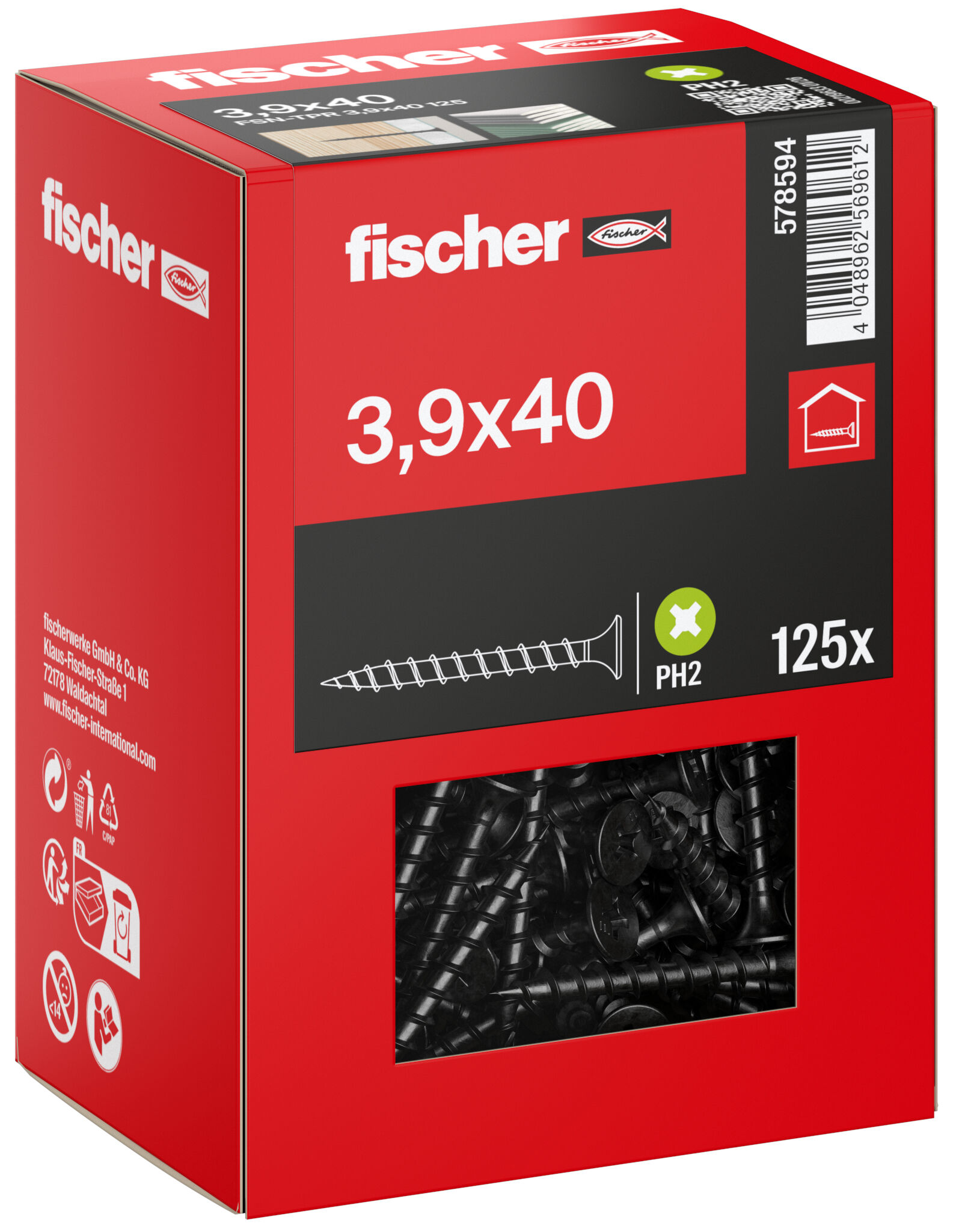 Packaging: "fischer drywall screw 3.9 x 40, trumpet shape head, GG, Phillips PH, black phosphated"