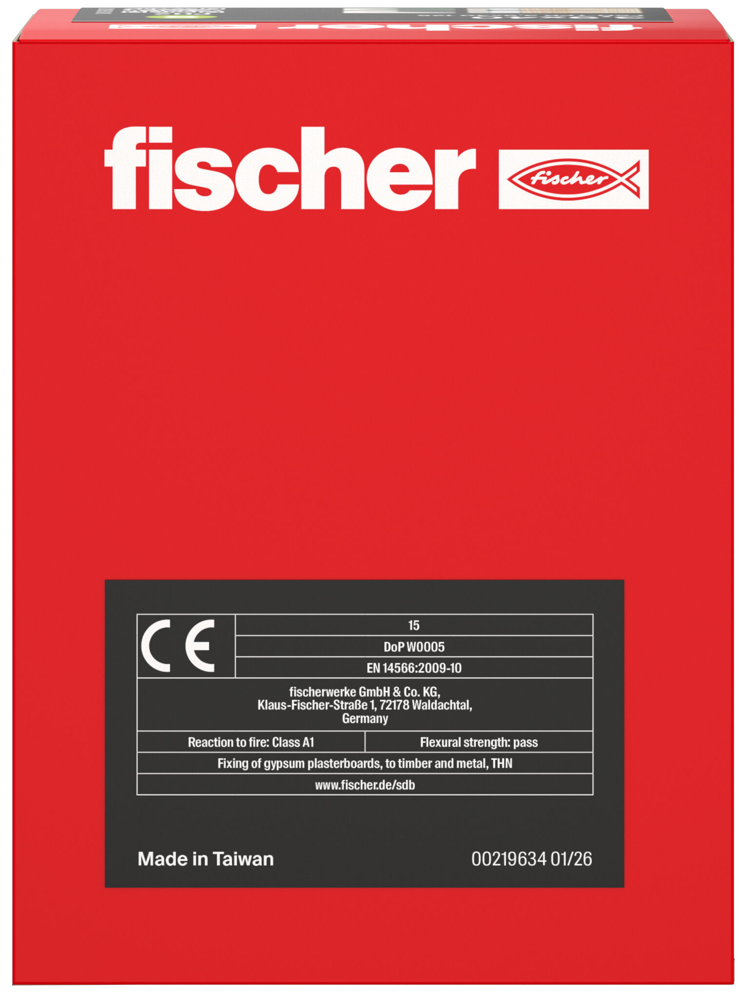 Packaging: "fischer drywall screw 3.9 x 40, trumpet shape head, GG, Phillips PH, black phosphated"