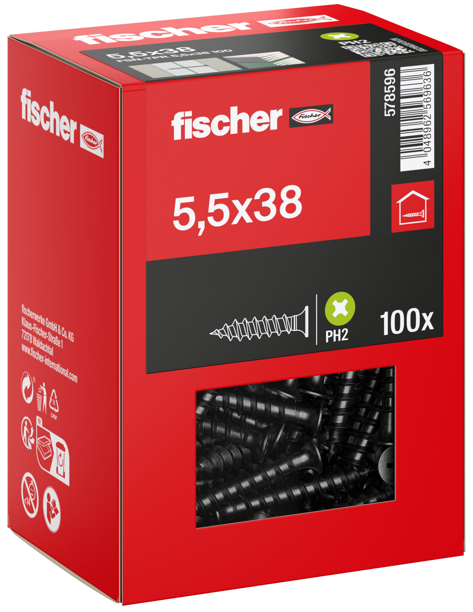 Packaging: "fischer drywall screw 5.5 x 38, trumpet shape head, GG, Phillips PH, black phosphated"