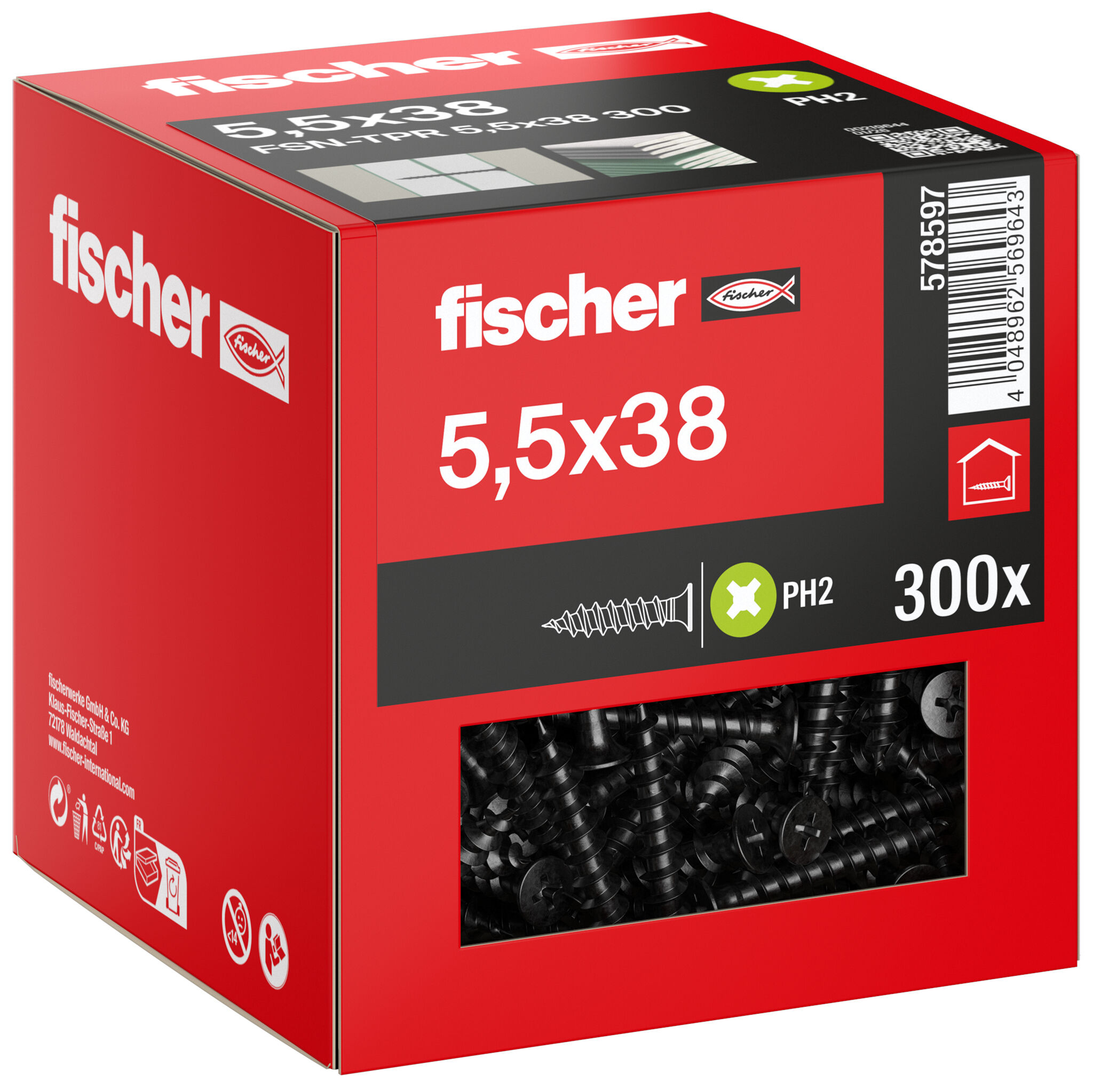 Packaging: "fischer drywall screw 5.5 x 38, trumpet shape head, Phillips PH, black phosphated"