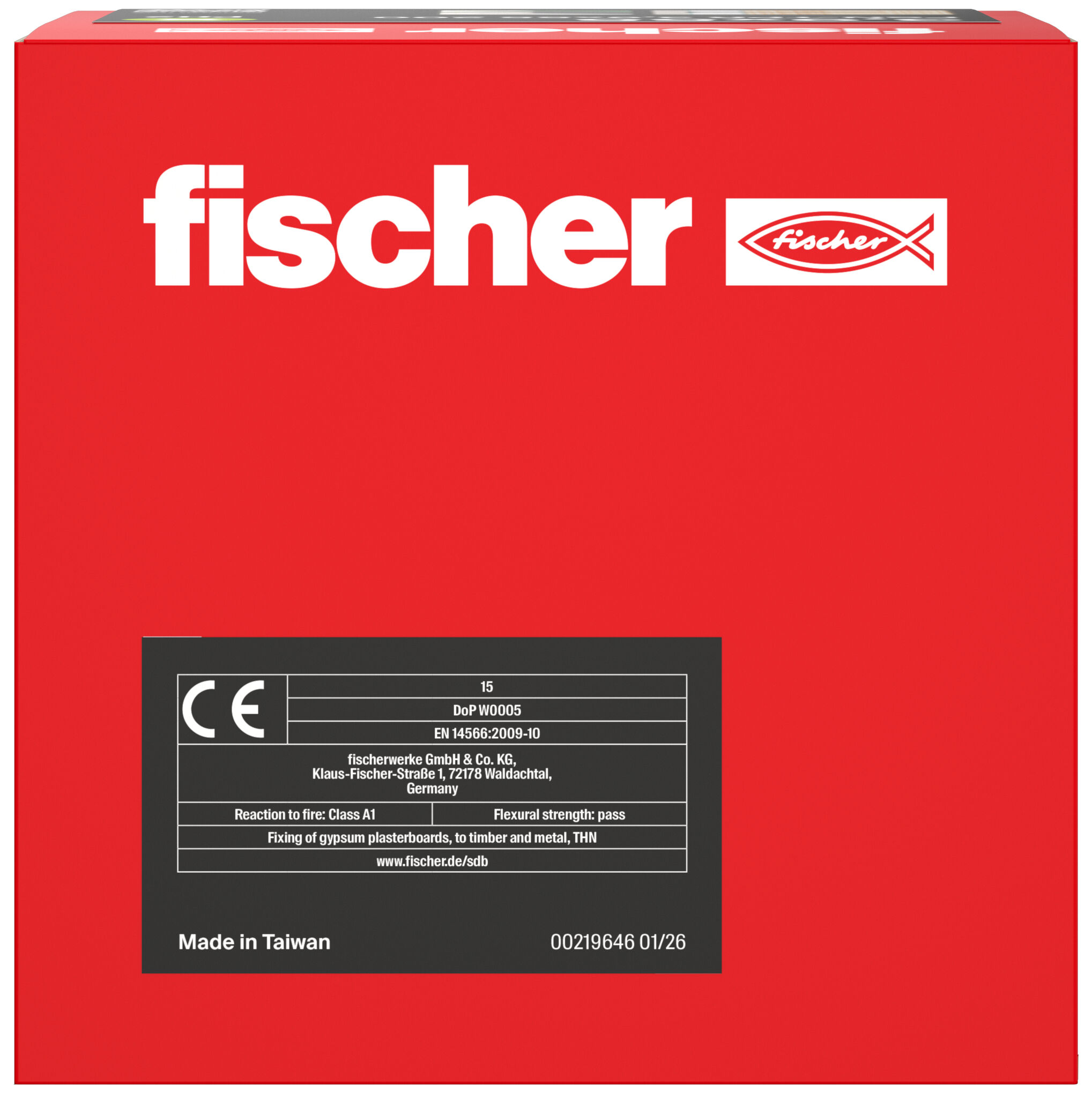 Packaging: "fischer drywall screw 5.5 x 38, trumpet shape head, Phillips PH, black phosphated"