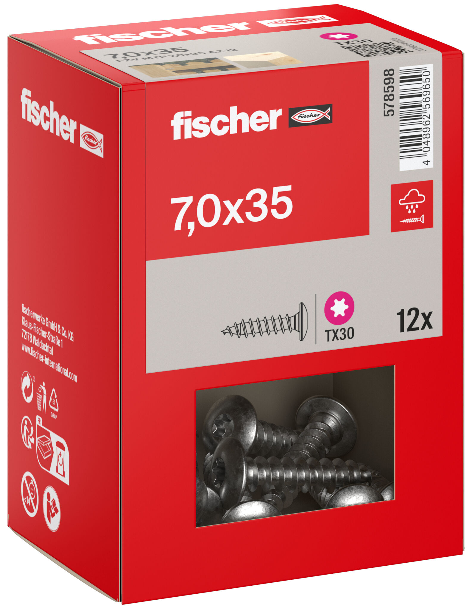 Packaging: "fischer Fence connector screw FZV MTF 7.0 x 35 A2 12, mushroom head, TX drive, full thread, stainless steel A2"