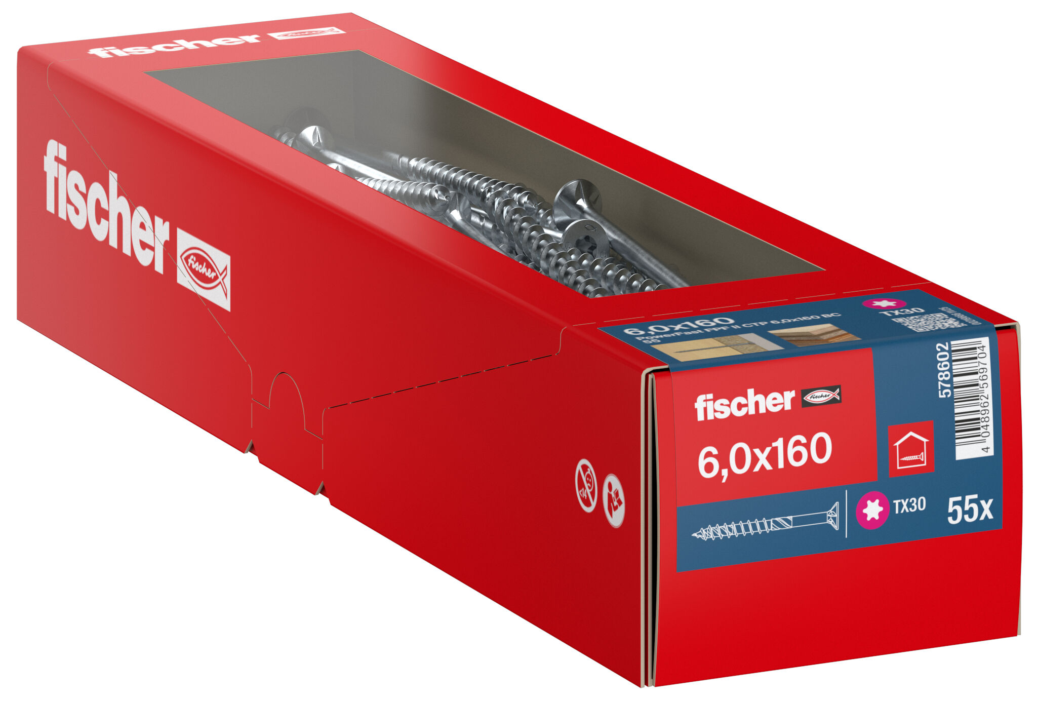 Packaging: "fischer chipboard screw PowerFast FPF II CTP 6.0 x 160 BC 25, countersunk head, TX drive, part thread, blue passivated"