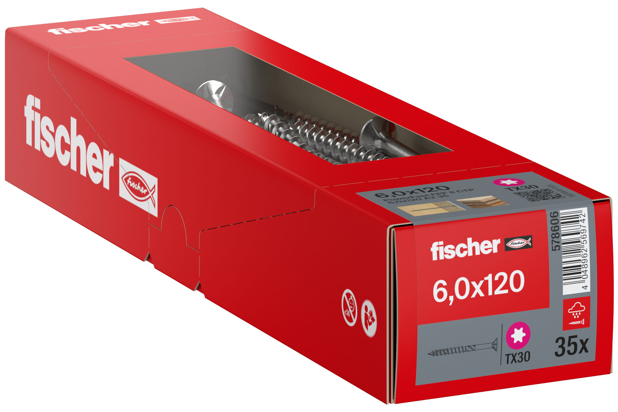 Packaging: "fischer chipboard screw PowerFast FPF II CTP 6.0 x 120 A2 35, countersunk head, TX drive, part thread, stainless steel A2"