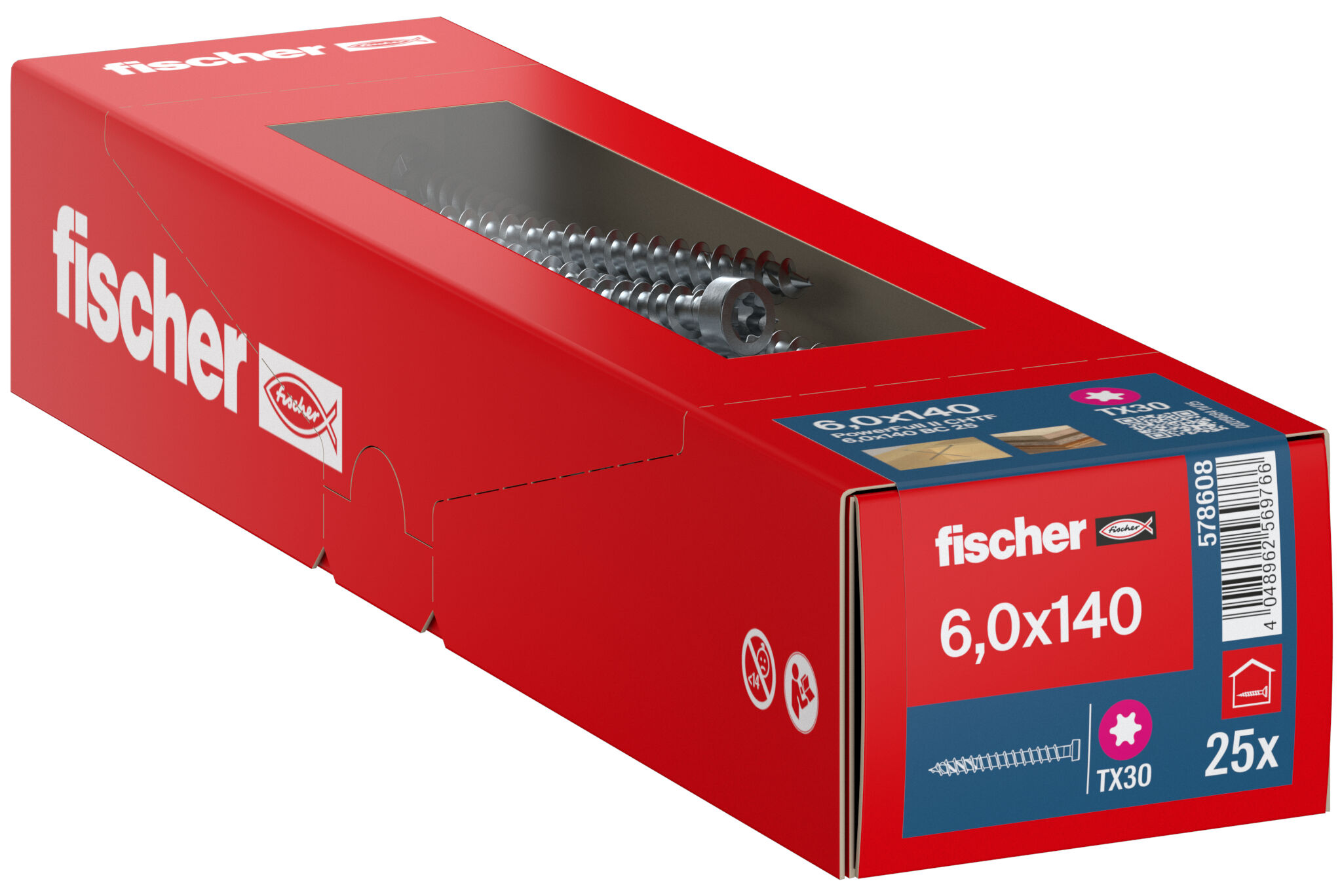 Packaging: "fischer full thread screw PowerFast FPF II CHTF 6.0 x 140 BC 25, cylinder head, TX drive, full thread, blue passivated"