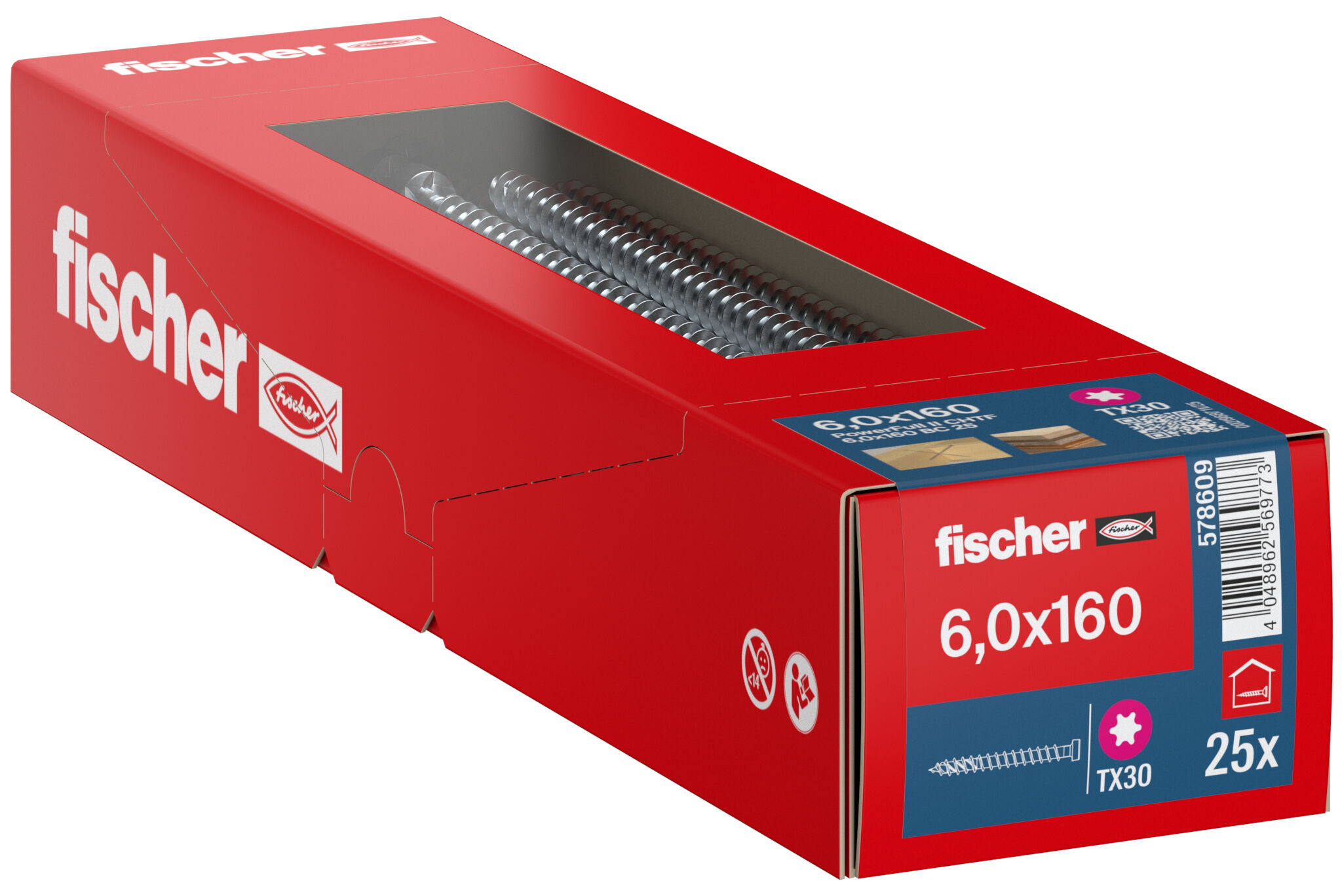 Packaging: "fischer full thread screw PowerFast FPF II CHTF 6.0 x 160 BC 25, cylinder head, TX drive, full thread, blue passivated"