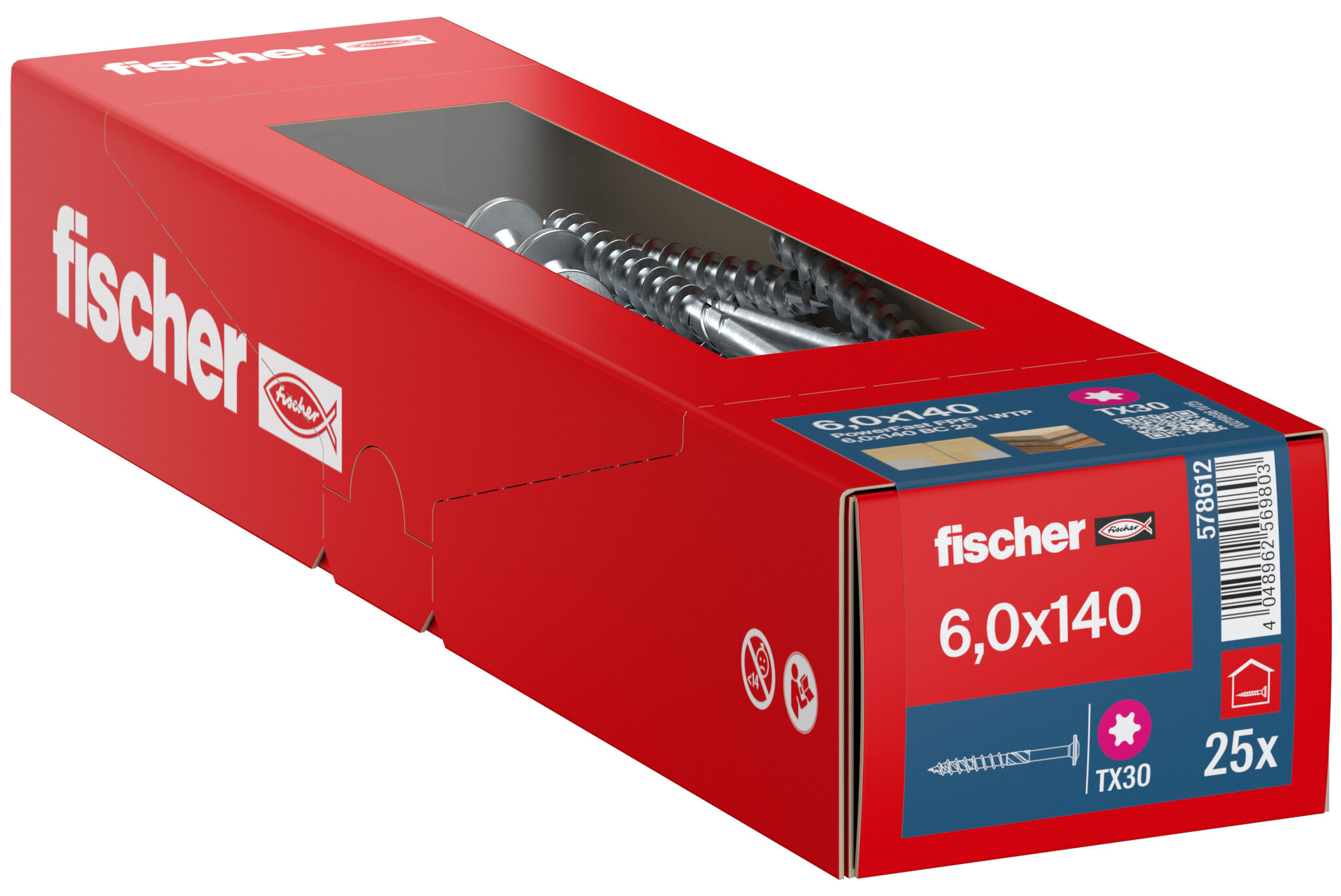 Packaging: "fischer chipboard screw PowerFast FPF II WTP 6.0 x 140 BC 25, flange head, TX drive, part thread, blue passivated"