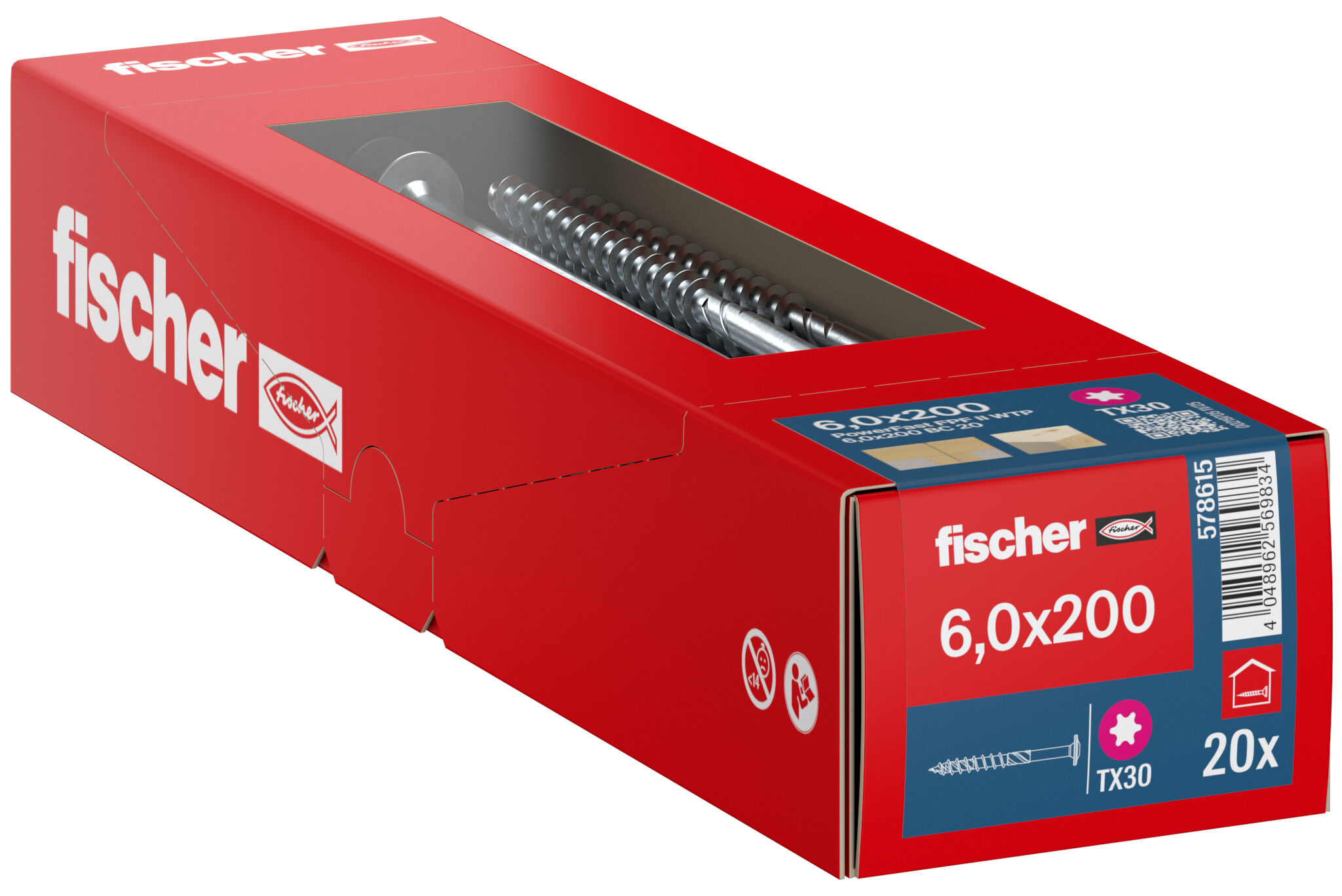 Packaging: "fischer chipboard screw PowerFast FPF II WTP 6.0 x 200 BC 20, flange head, TX drive, part thread, blue passivated"