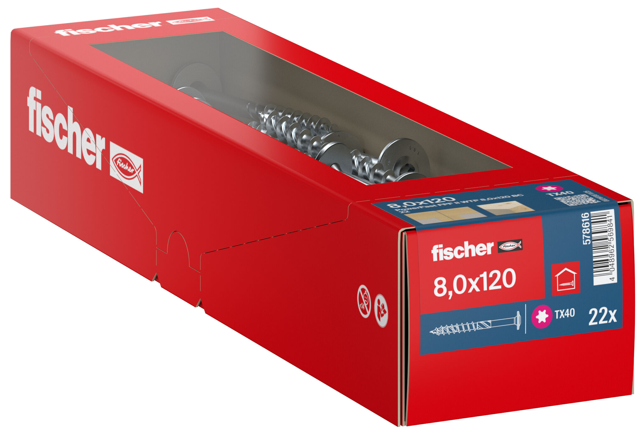 Packaging: "fischer wood construction screw PowerFast FPF II WTP 8.0 x 120 BC 22, flange head, TX drive, part thread, blue zinc plated"