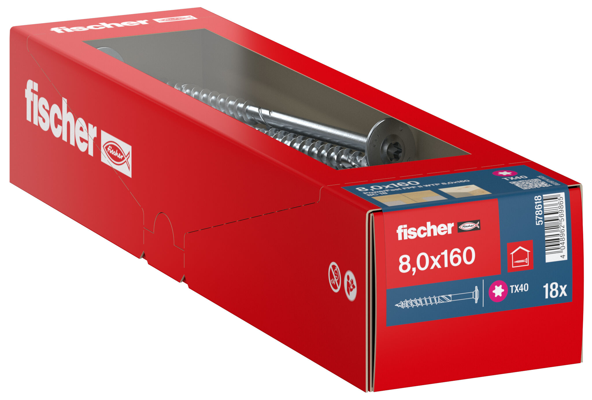 Packaging: "fischer wood construction screw PowerFast FPF II WTP 8.0 x 160 BC 18, flange head, TX drive, part thread, blue zinc plated"