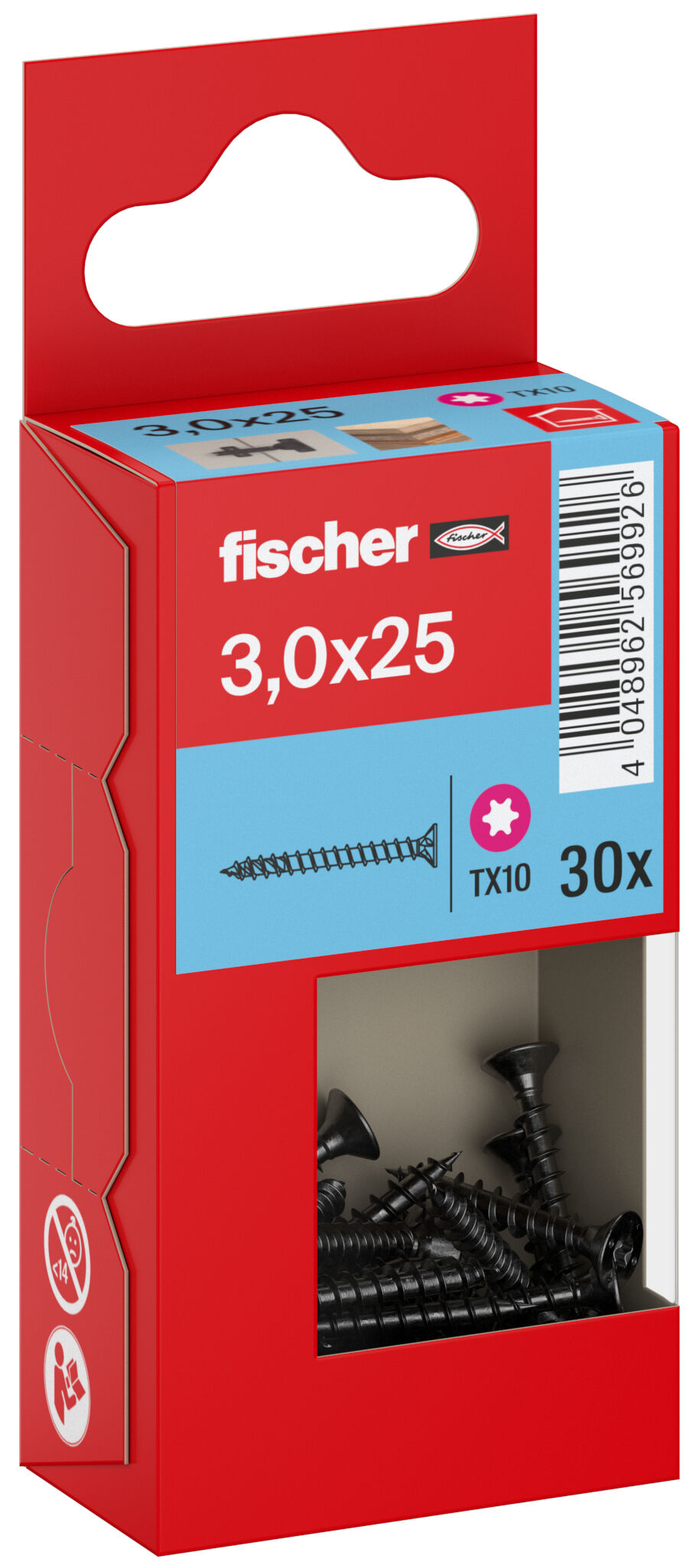 Packaging: "Parafuso para aglomerado fischer PowerFast FPF II CTF 3,0 x 25 BLC 30, cabeça escareada, encaixe TX, rosca completa, zincado preto"