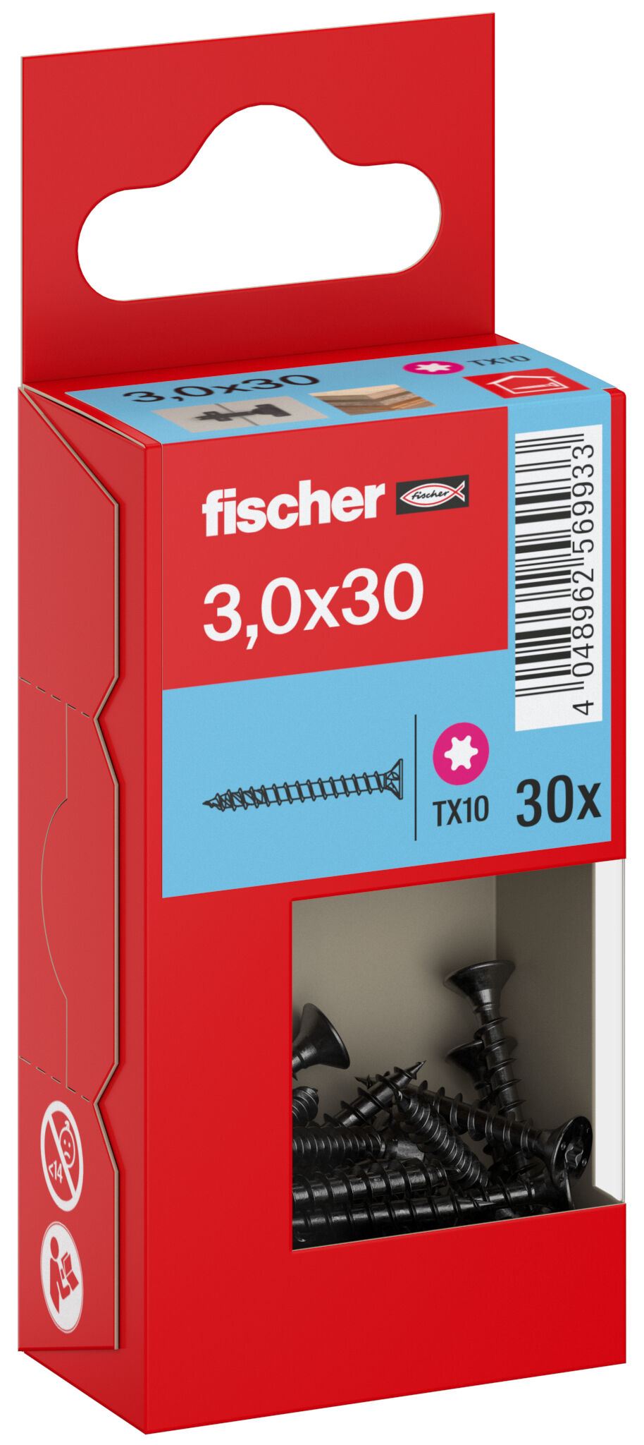 Packaging: "Parafuso para aglomerado fischer PowerFast FPF II CTF 3,0 x 16 BLC 30, cabeça escareada, encaixe TX, rosca completa, zincado preto"