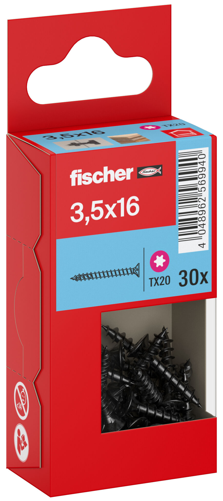 Packaging: "Parafuso para aglomerado fischer PowerFast FPF II CTF 3,5 x 16 BLC 30, cabeça escareada, encaixe TX, rosca completa, zincado preto"