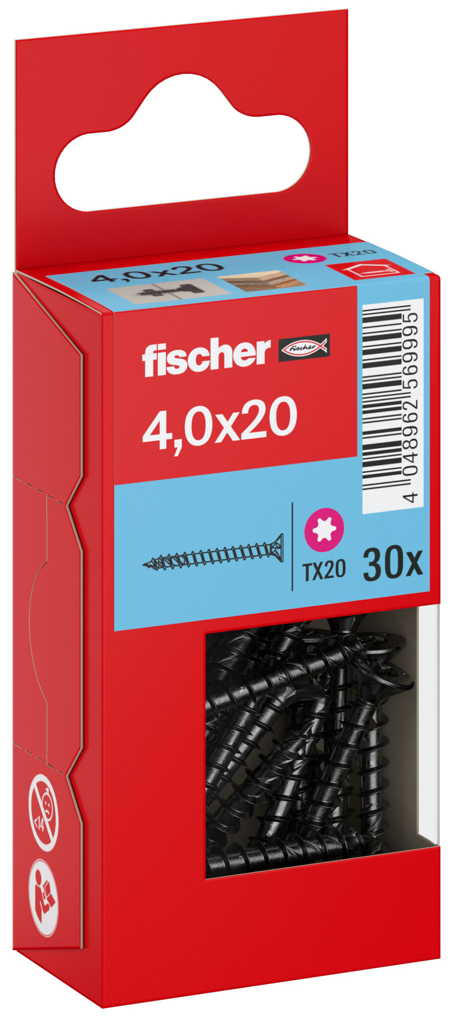 Packaging: "Parafuso para aglomerado fischer PowerFast FPF II CTF 4,0 x 20 BLC 30, cabeça escareada, encaixe TX, rosca completa, zincado preto"