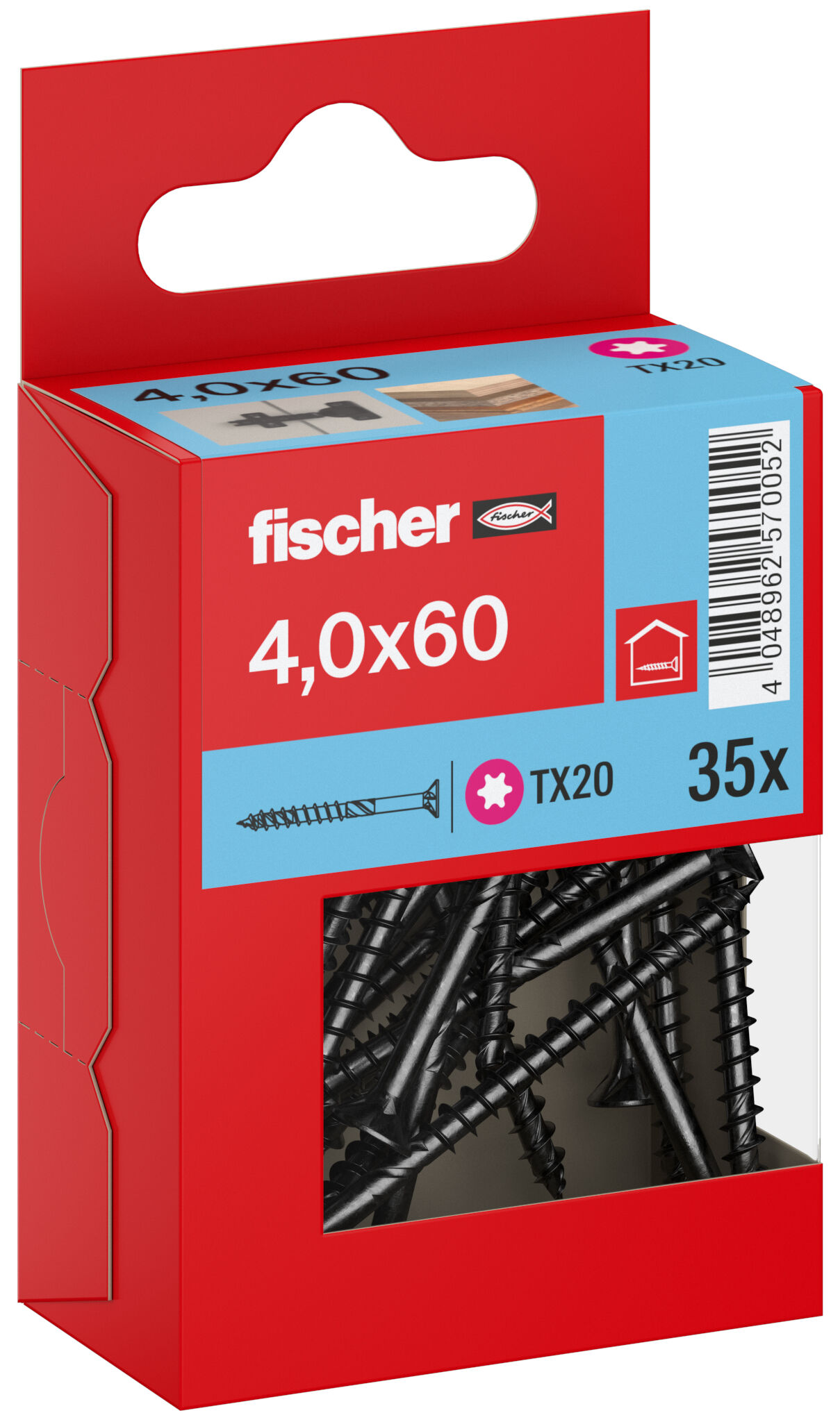 Packaging: "Parafuso para aglomerado fischer PowerFast FPF II CTP 4,0 x 60 BLC 35, cabeça escareada, encaixe TX, rosca parcial, zincado preto"