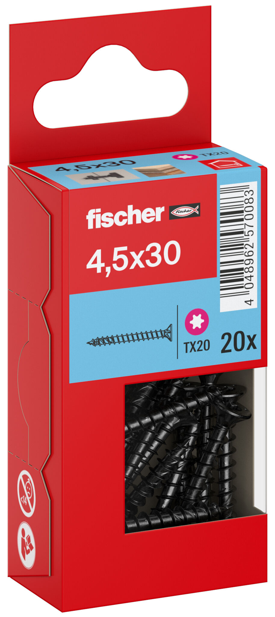 Packaging: "Parafuso para aglomerado fischer PowerFast FPF II CTF 4,5 x 30 BLC 20, cabeça escareada, encaixe TX, rosca completa, zincado preto"