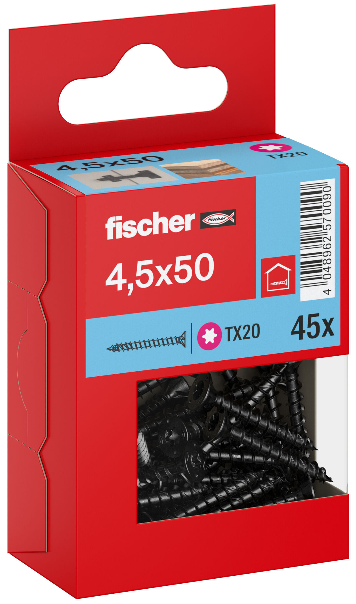Packaging: "Parafuso para aglomerado fischer PowerFast FPF II CTF 4,5 x 50 BLC 45, cabeça escareada, encaixe TX, rosca completa, zincado preto"