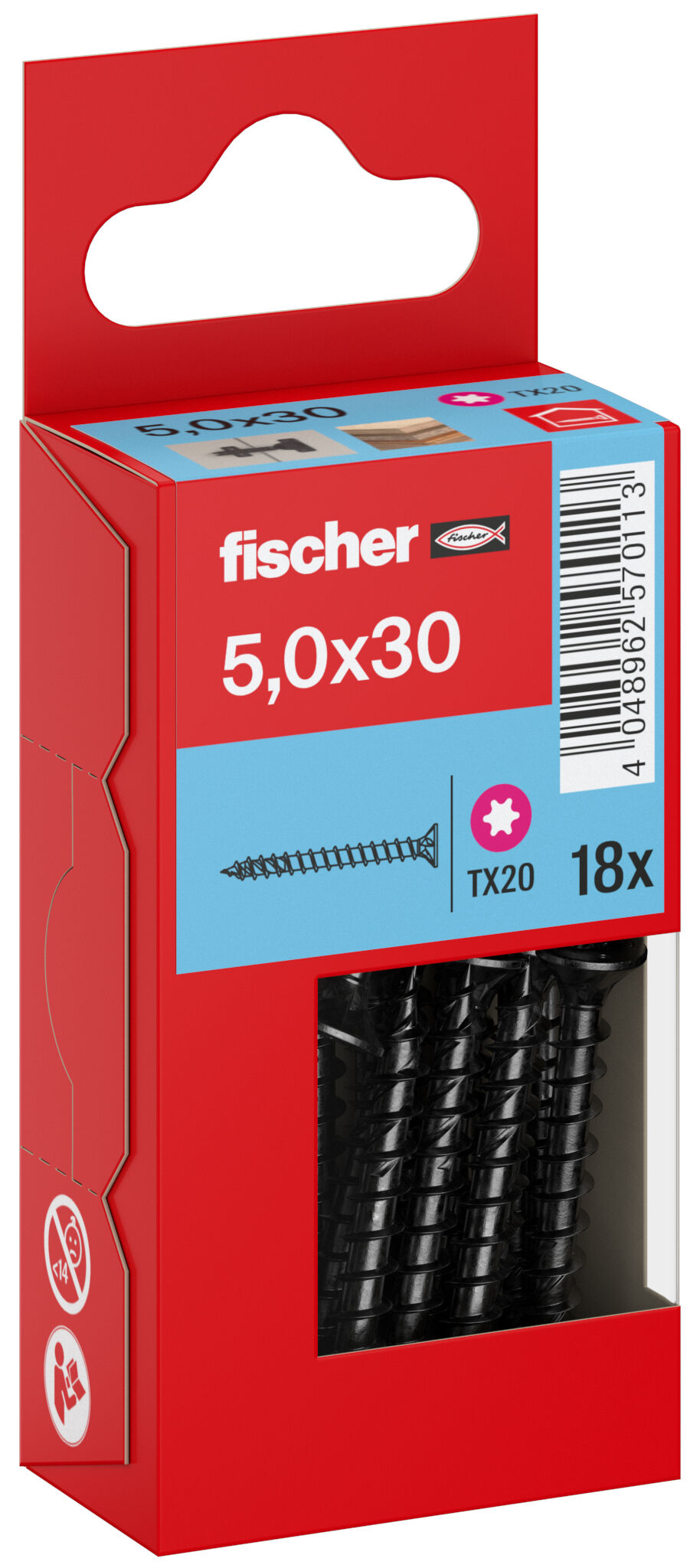 Packaging: "Parafuso para aglomerado fischer PowerFast FPF II CTF 5,0 x 30 BLC 30, cabeça escareada, encaixe TX, rosca completa, zincado preto"