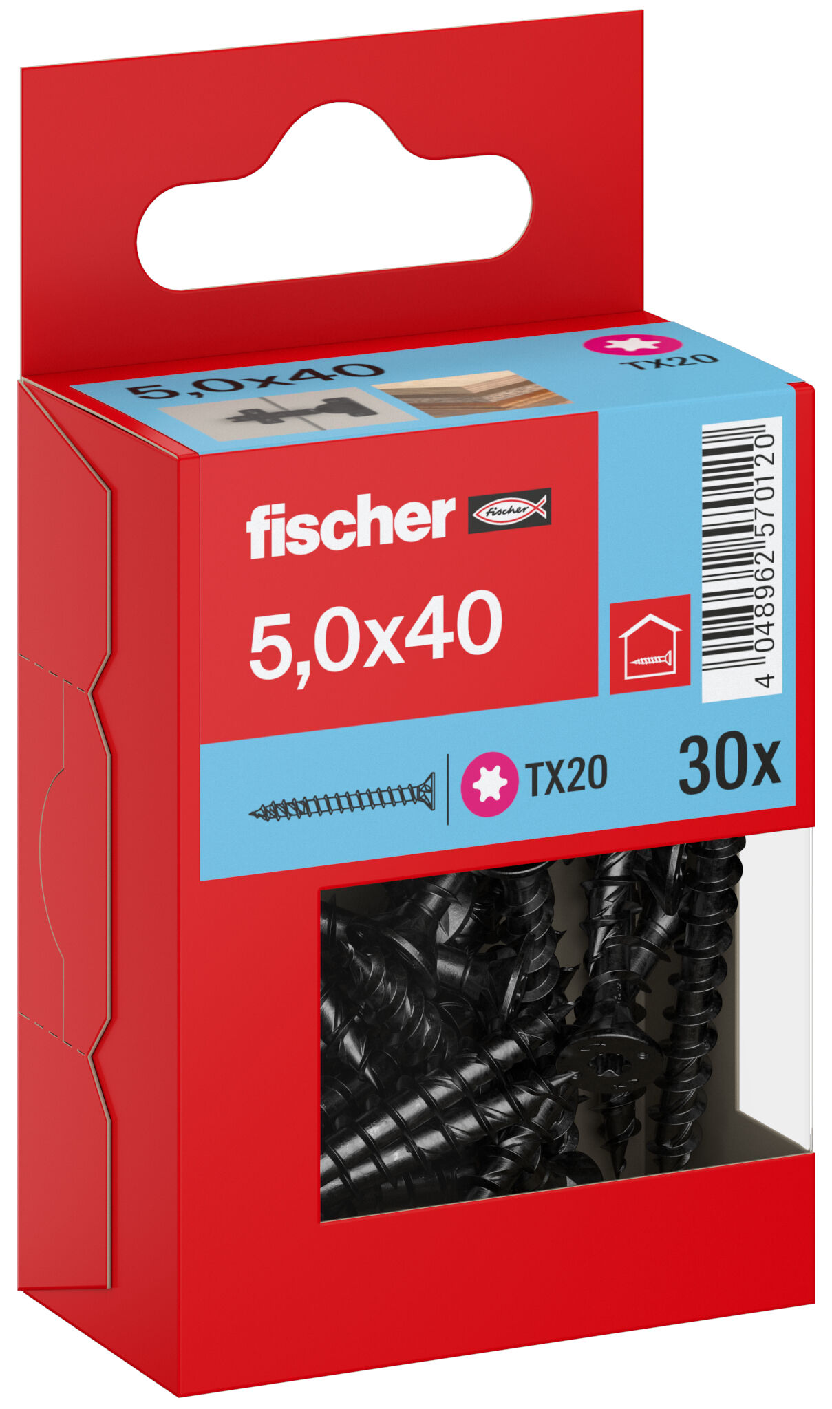 Packaging: "Parafuso para aglomerado fischer PowerFast FPF II CTF 5,0 x 40 BLC 30, cabeça escareada, encaixe TX, rosca completa, zincado preto"