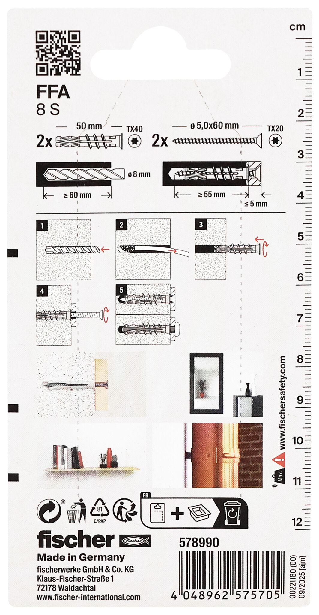 Packaging: "fischer aerated concrete plug FFA 8 S with screw"